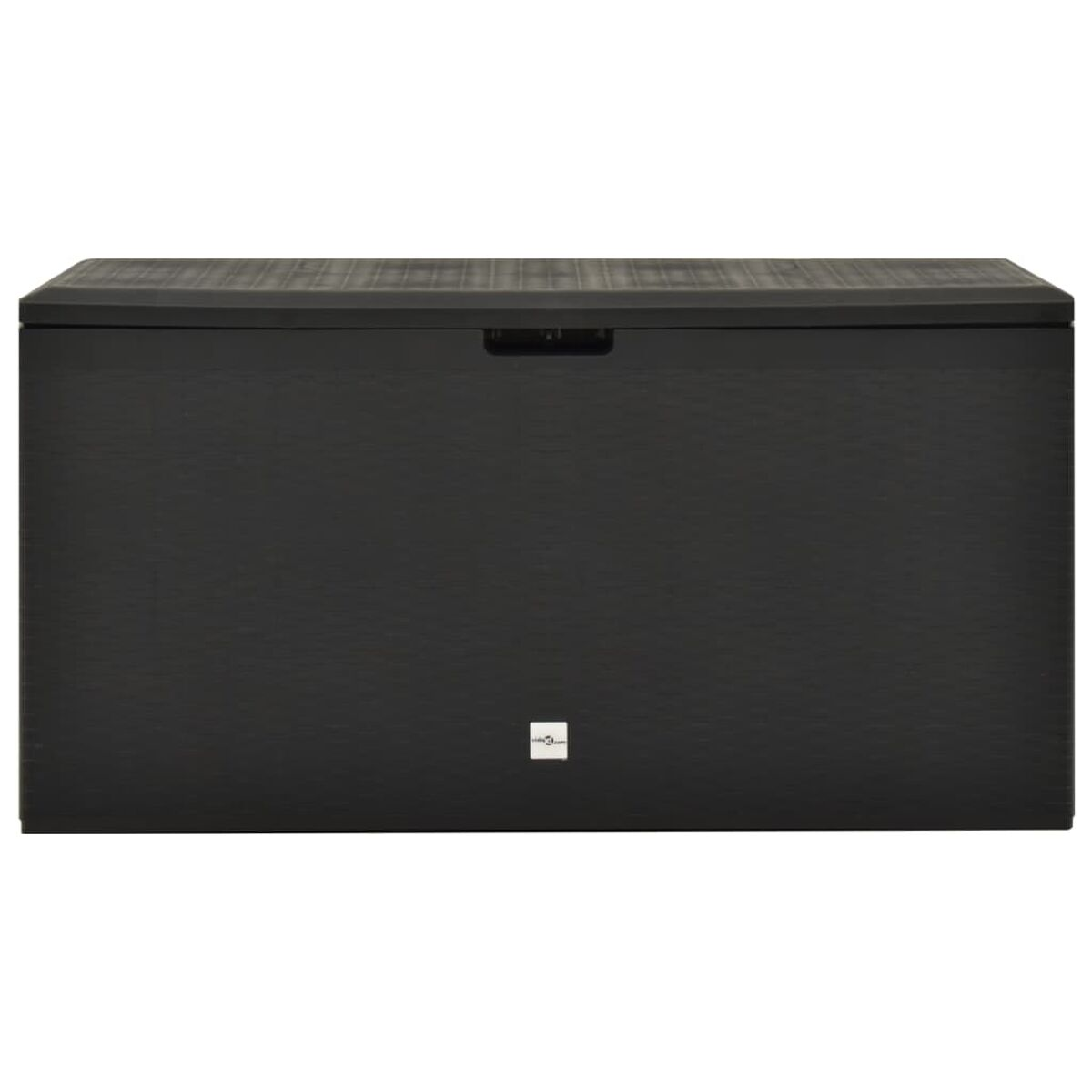 Eine schwarze Aufbewahrungsbox für den Außenbereich mit strukturierter Oberfläche und Deckel.