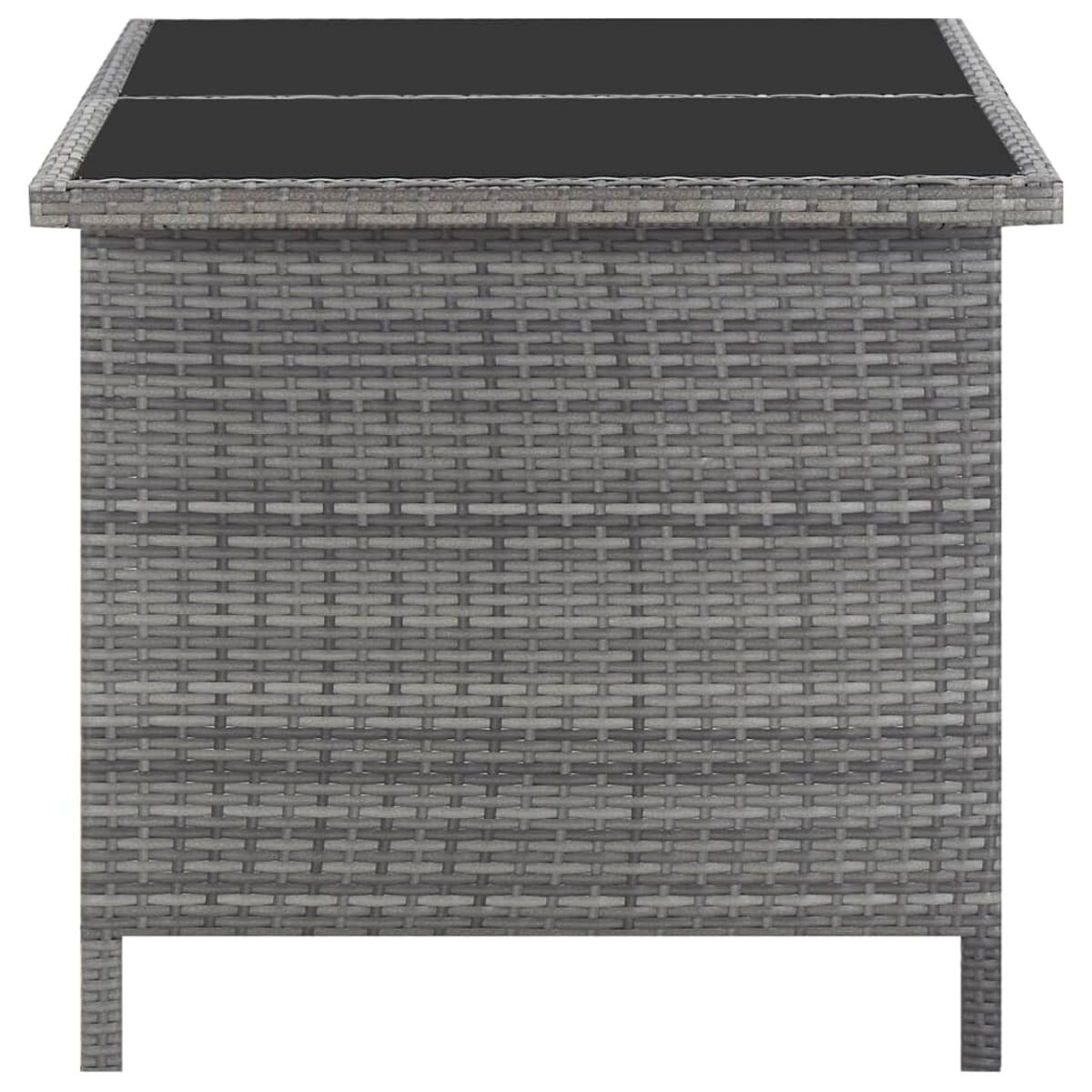 Grauer Rattan-Beistelltisch. Schwarze Glasplatte. Gewebte Textur. Quadratische Form.