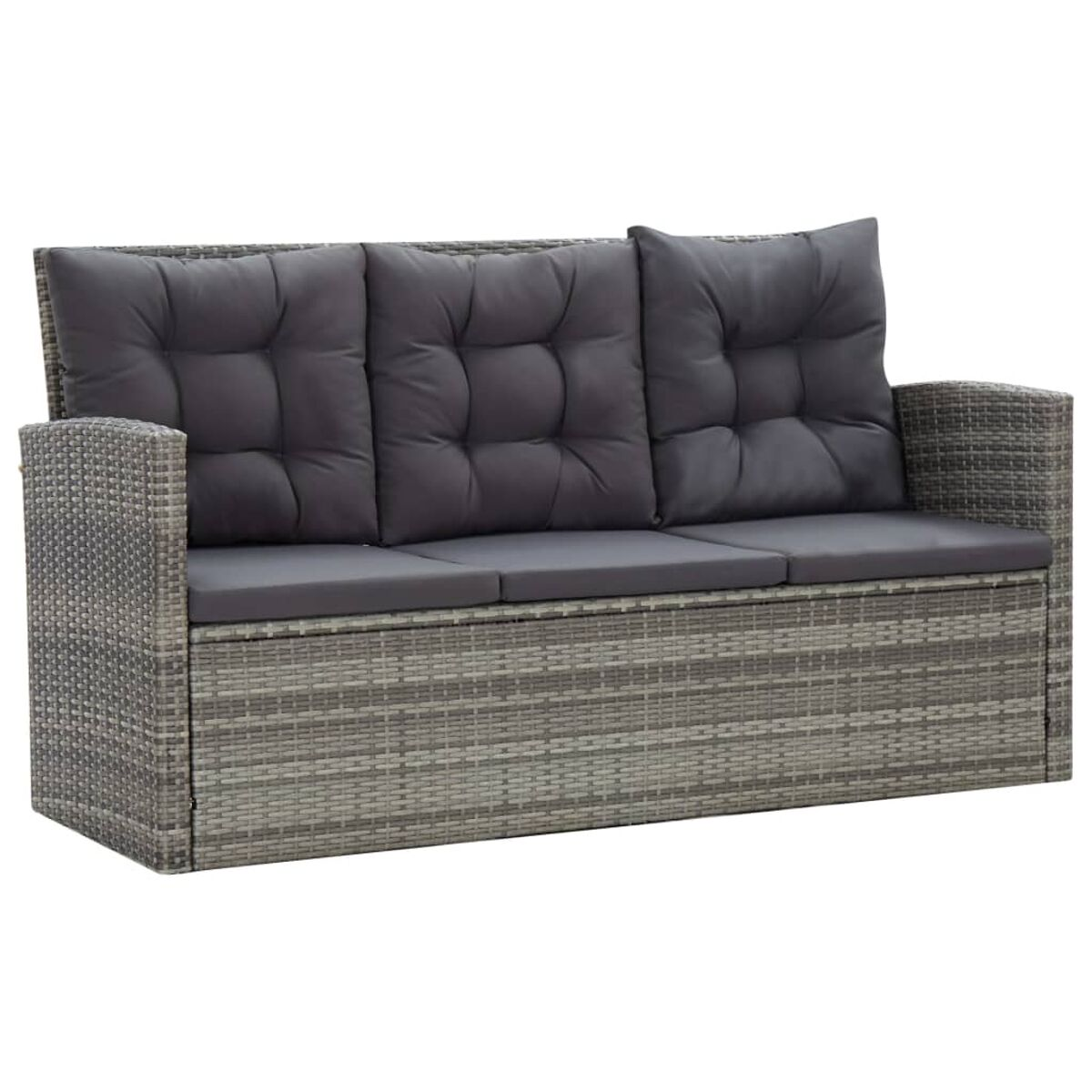 Graues Korbmöbelsofa mit grauen Kissen. Drei Rückenkissen, zwei Armlehnen und ein Sockel.