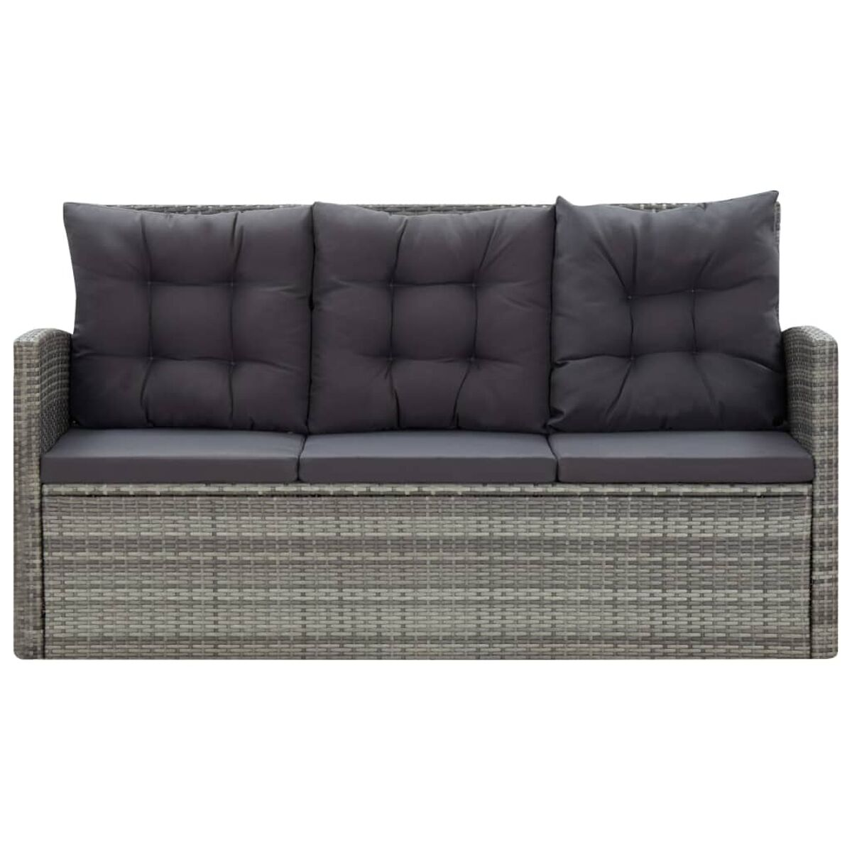 Graues Korsofa mit grauen Kissen. Drei Sitzkissen und Rückenkissen.