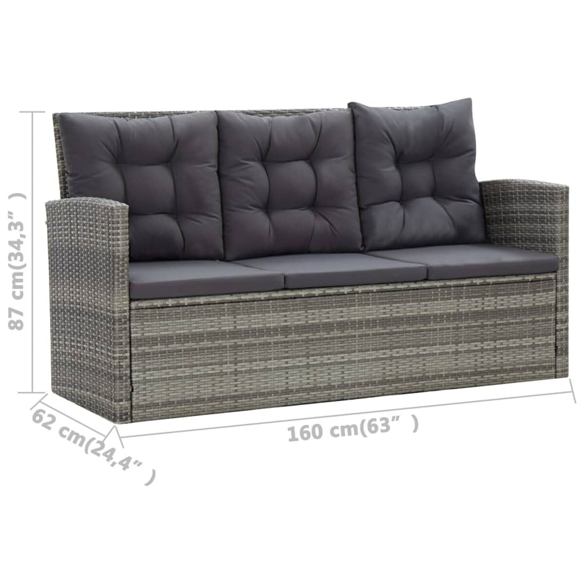 Graues Rattansofa mit drei Kissen. Maße sind auf dem Bild angegeben.