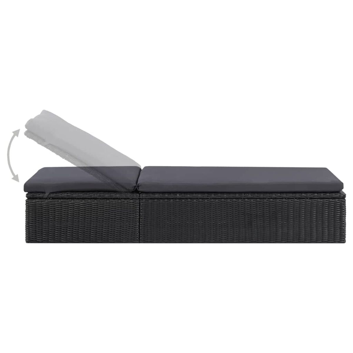 Schwarze Outdoor-Liege mit Kissen, verstellbare Kopfstütze.