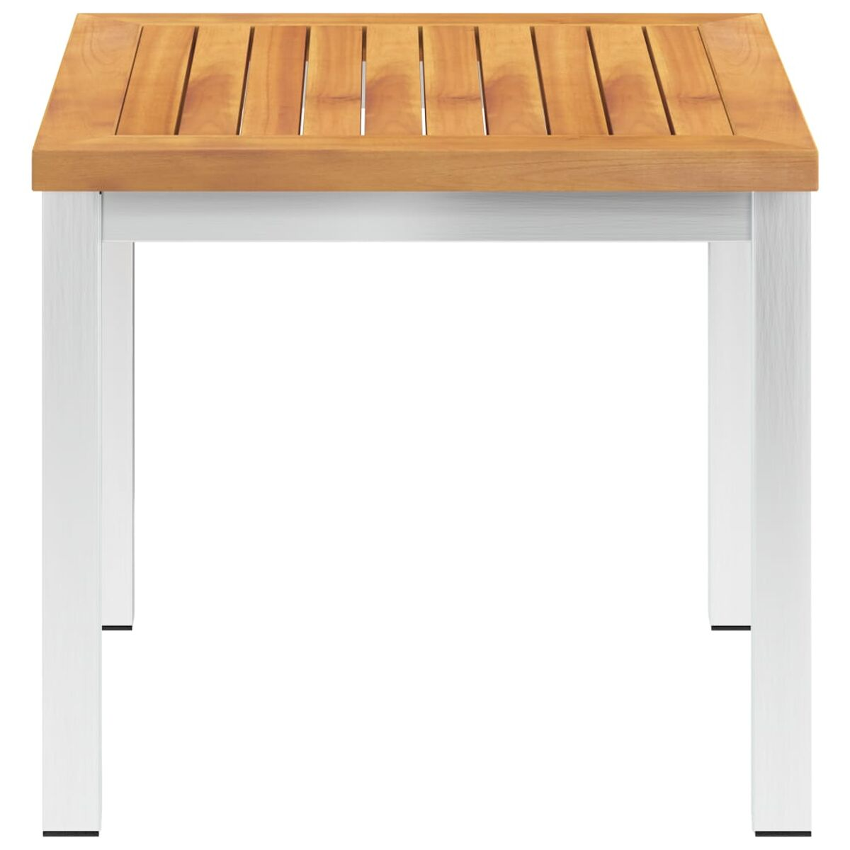 Holztisch mit brauner Platte und weißen Beinen.