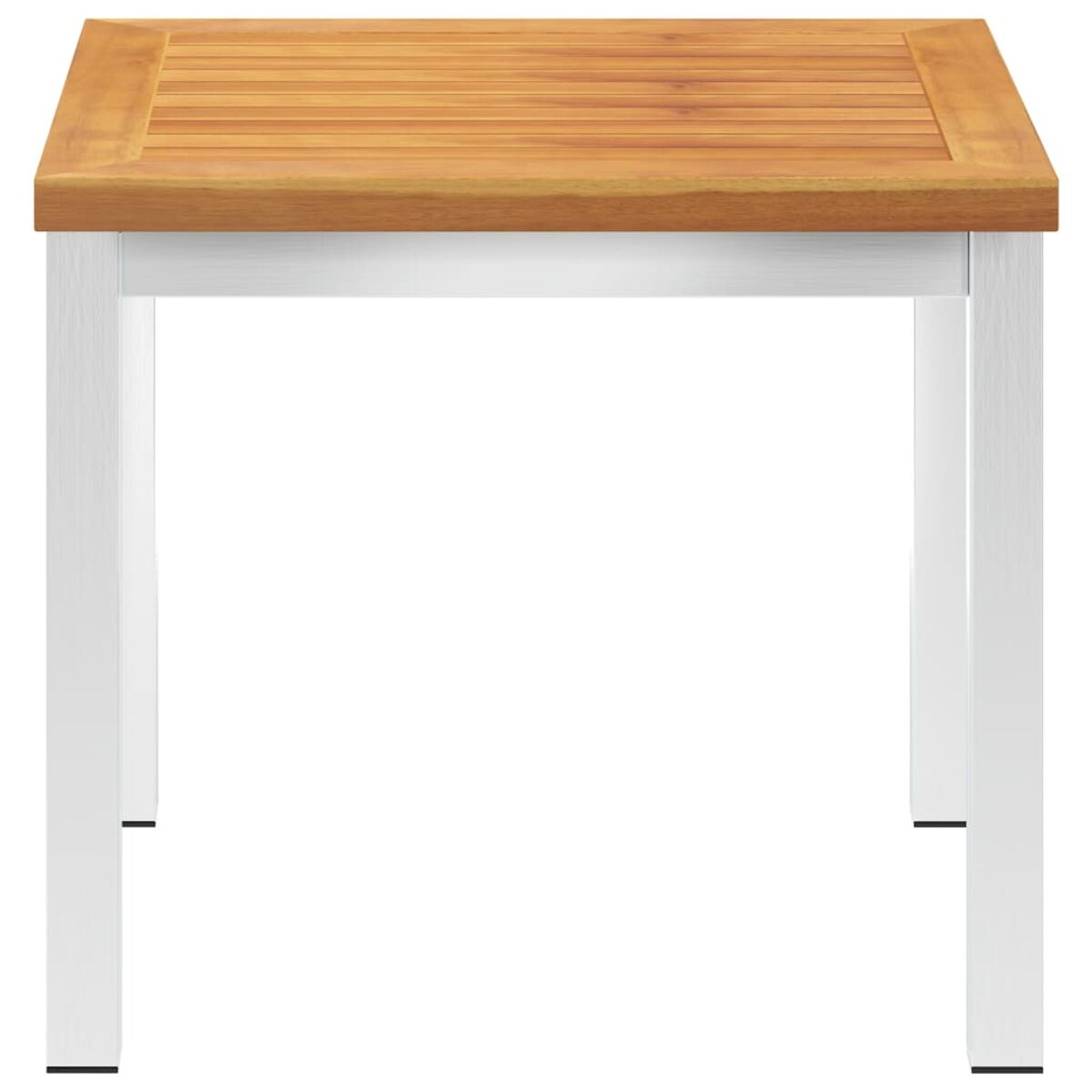 Quadratischer Holztisch mit weißen Beinen, auf weißem Hintergrund.