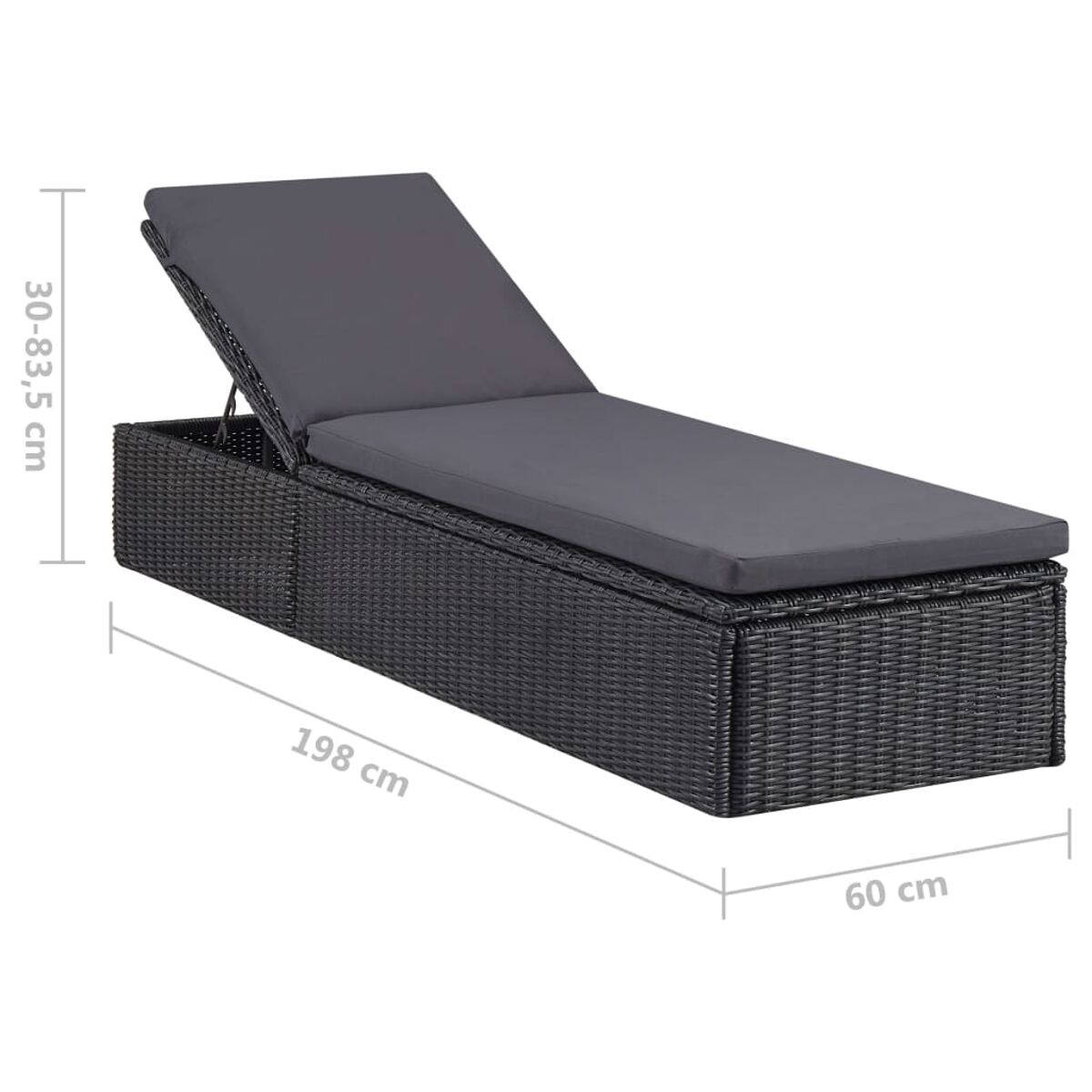 Schwarzes Outdoor-Daybed aus Rattan. Dunkelgraues Kissen, verstellbare Rückenlehne.