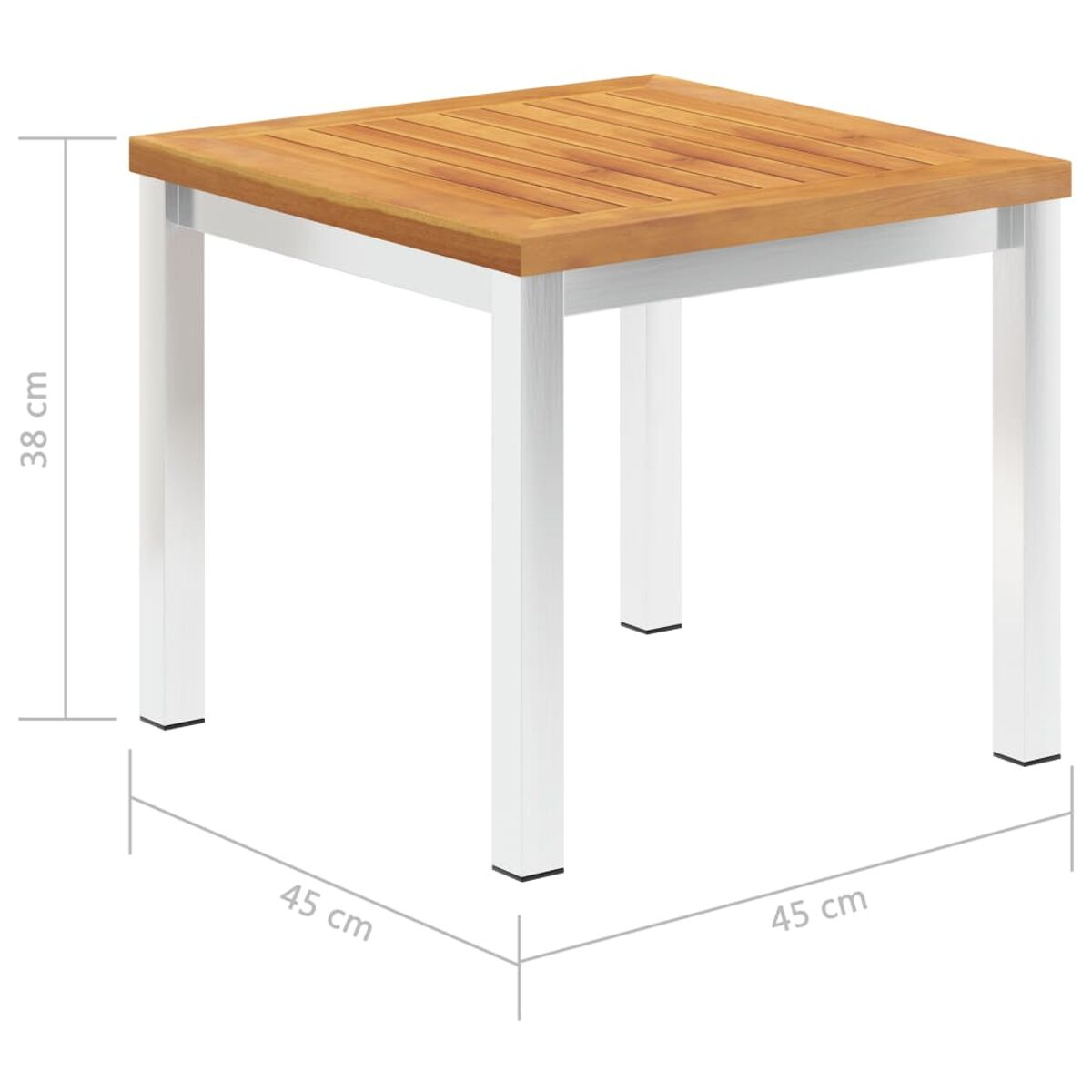 Quadratischer Gartentisch mit Holzplatte und weißen Beinen, mit Abmessungen versehen.