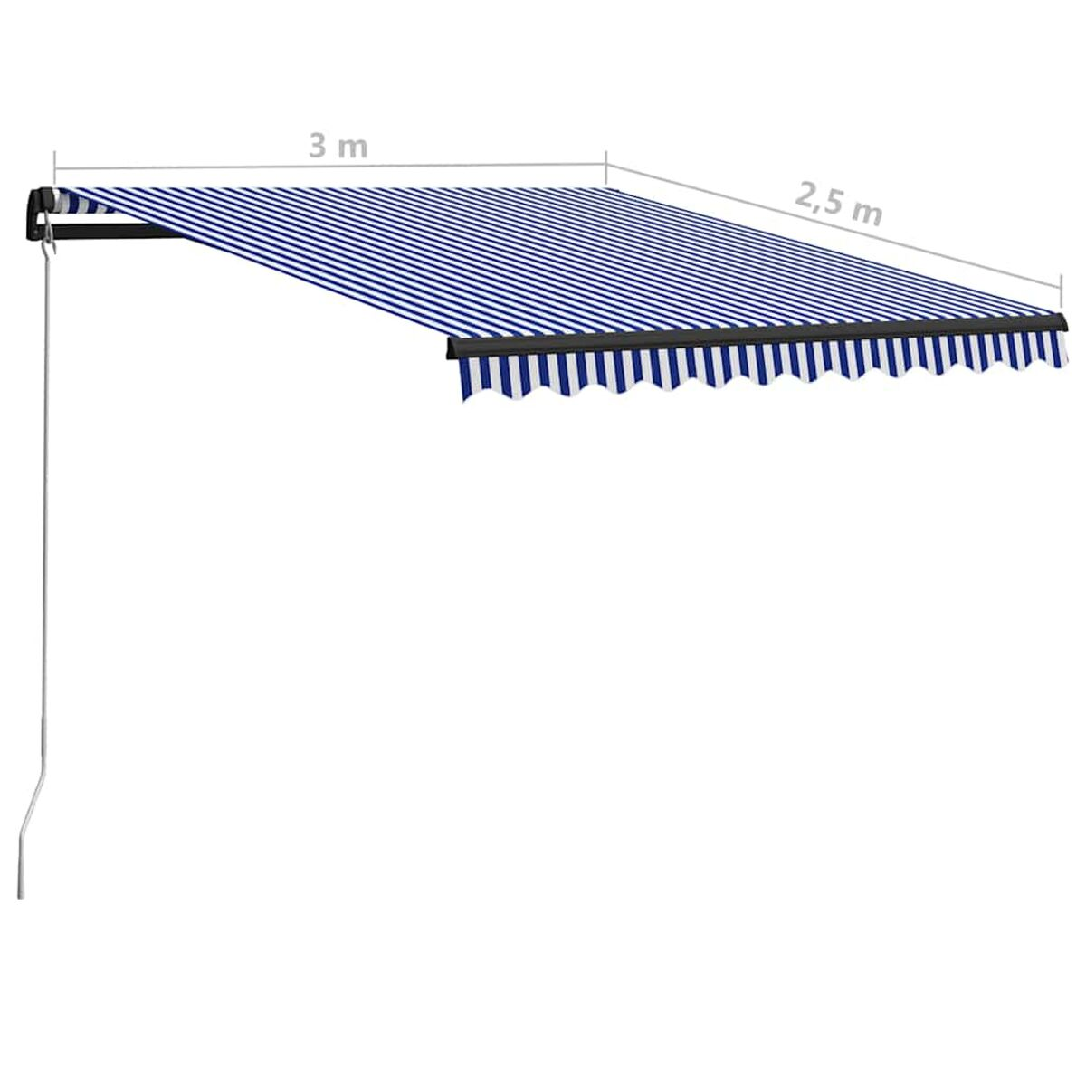 Eine blau-weiß gestreifte Markise, Abmessungen 3m x 2,5m, ist über einem weißen Hintergrund ausgefahren.