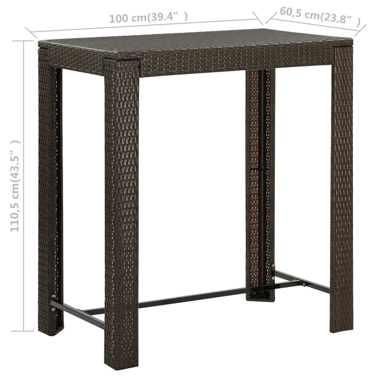 Hoher brauner Korbtisch mit Metallfußstütze. Die Beine sind aus Metall.