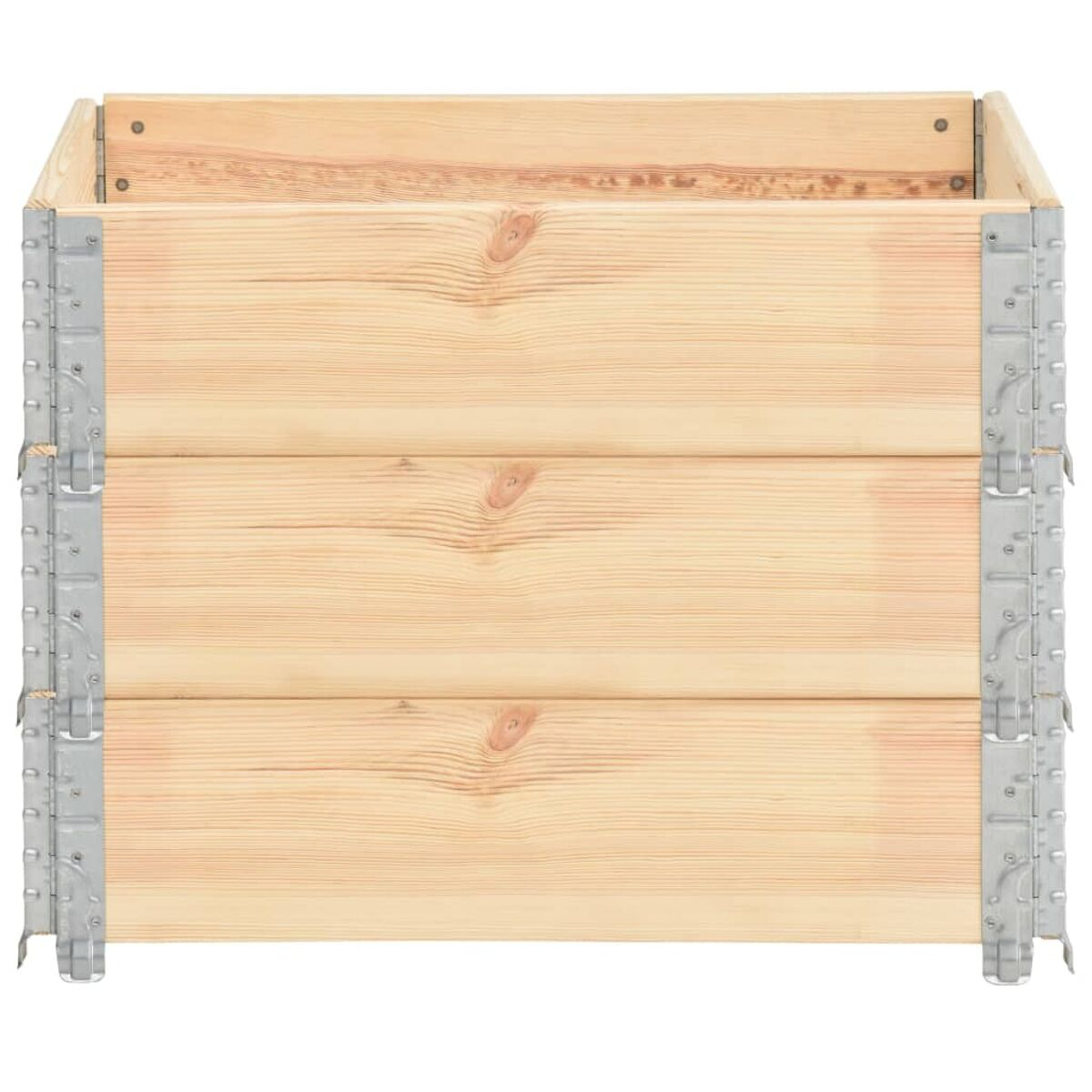 Pflanzkasten aus Holz mit Metallhalterungen an den Seiten. Er hat drei sichtbare horizontale Bretter.