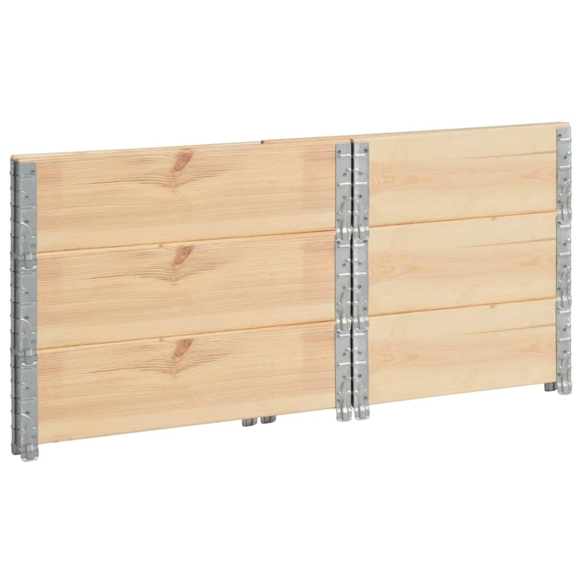 Holzzäune, verbunden durch Metallscharniere. Hellbraunes Holz.