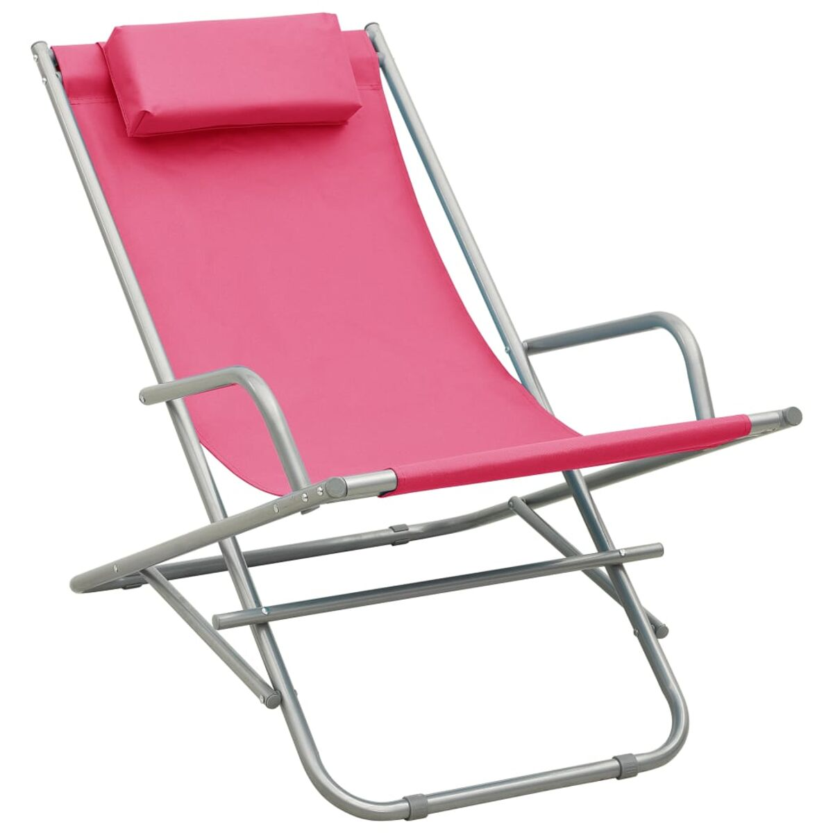 Rosa Klapp-Strandstuhl. Silberner Rahmen. Weißer Hintergrund.