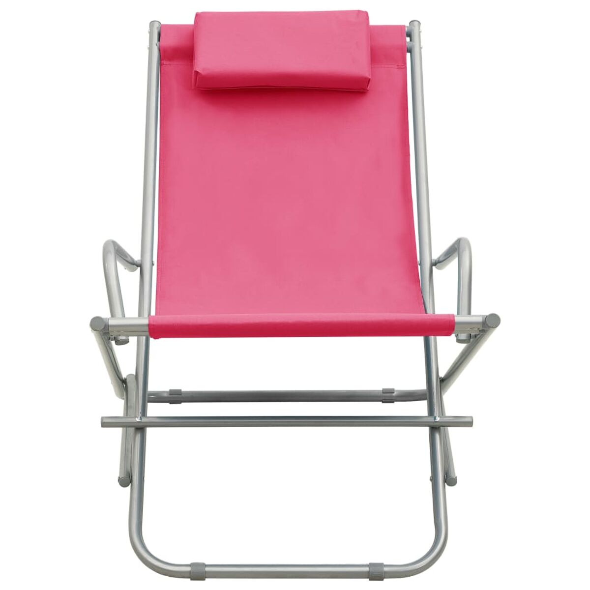Pinker Strandstuhl mit Kopfstütze. Silberner Rahmen und weißer Hintergrund.