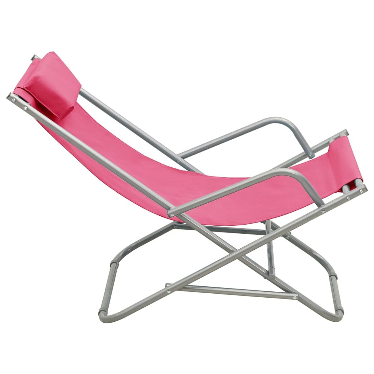 Ein rosa Liegestuhl mit silbernem Rahmen und Kopfstütze. Der Stuhl befindet sich in Liegeposition.