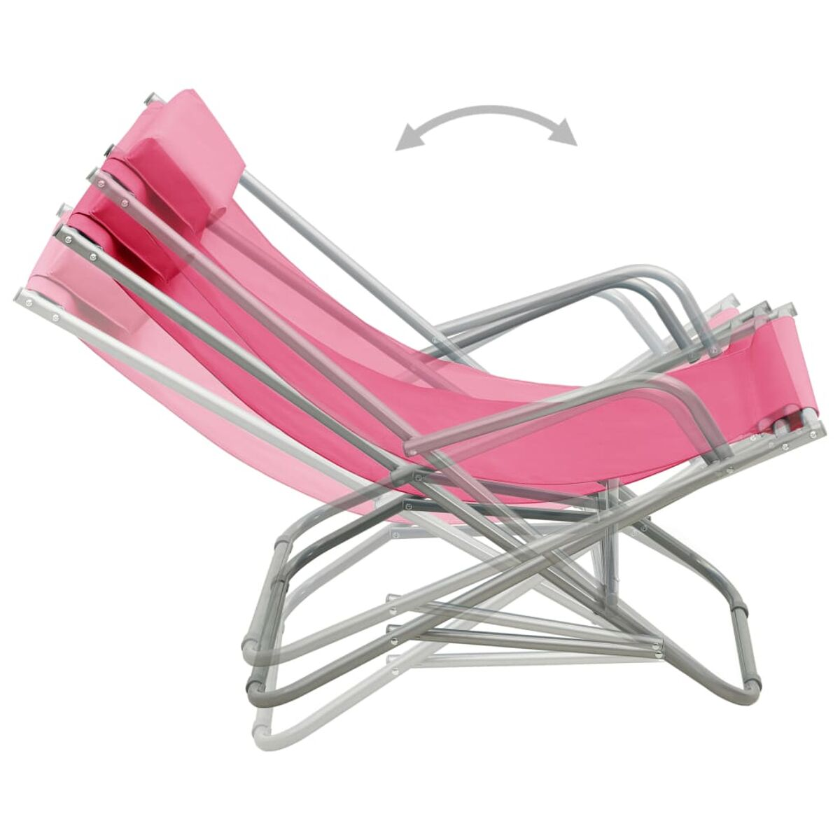 Pinkfarbener Klappstuhl. Pfeile zeigen die Verstellung der Rückenlehne an.