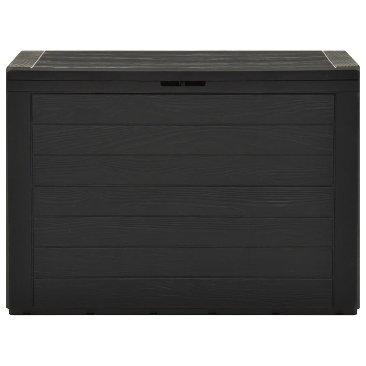 Eine schwarze Aufbewahrungsbox mit Holzmaserung. Die Box ist geschlossen, mit sichtbarem Deckel.