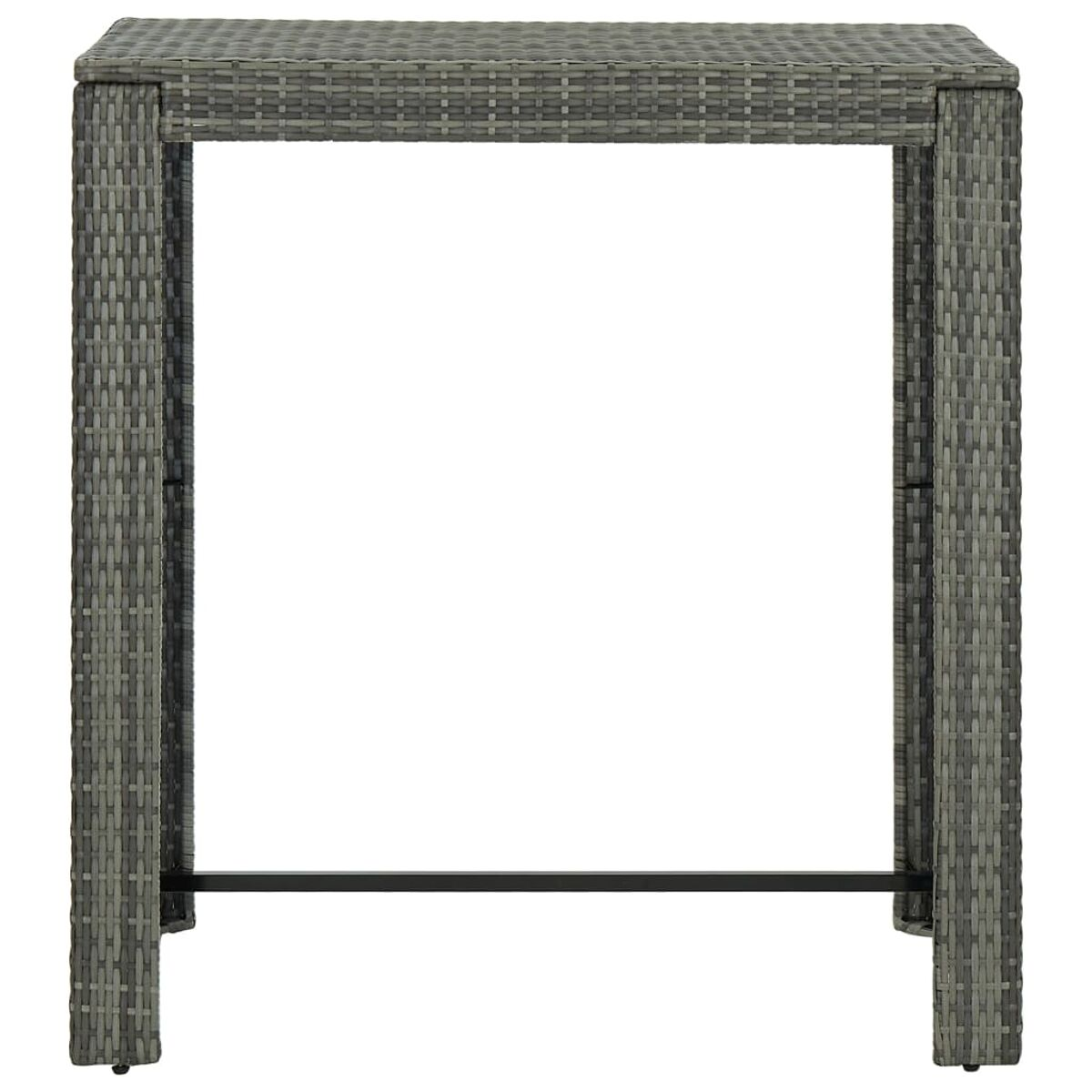 Hoher grauer Tisch. Geflochtenes Design, rechteckige Form, schwarze Basis, weißer Hintergrund.