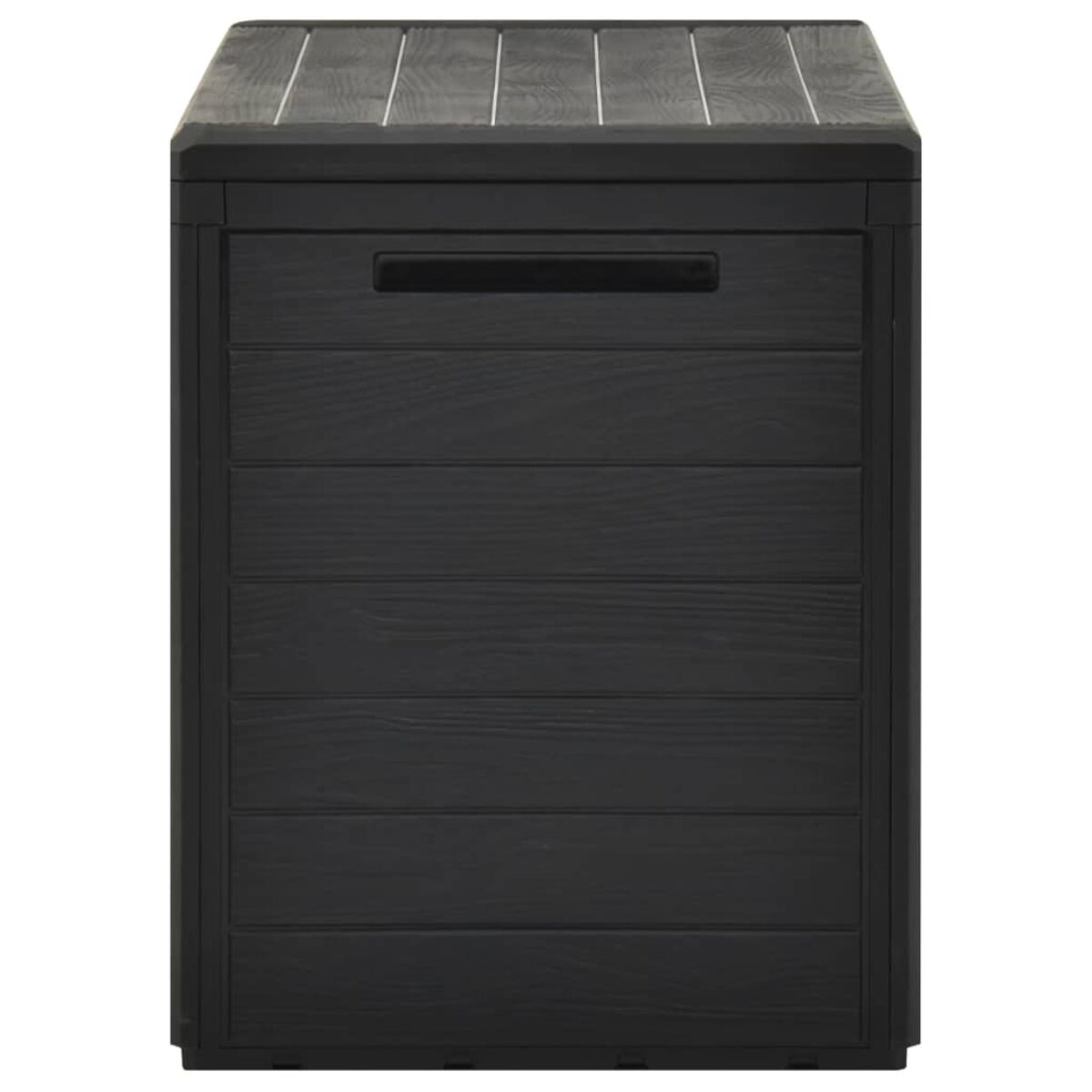 Eine schwarze Outdoor-Aufbewahrungsbox mit Holzstruktur. Der Deckel ist geschlossen, und es gibt einen Griff.