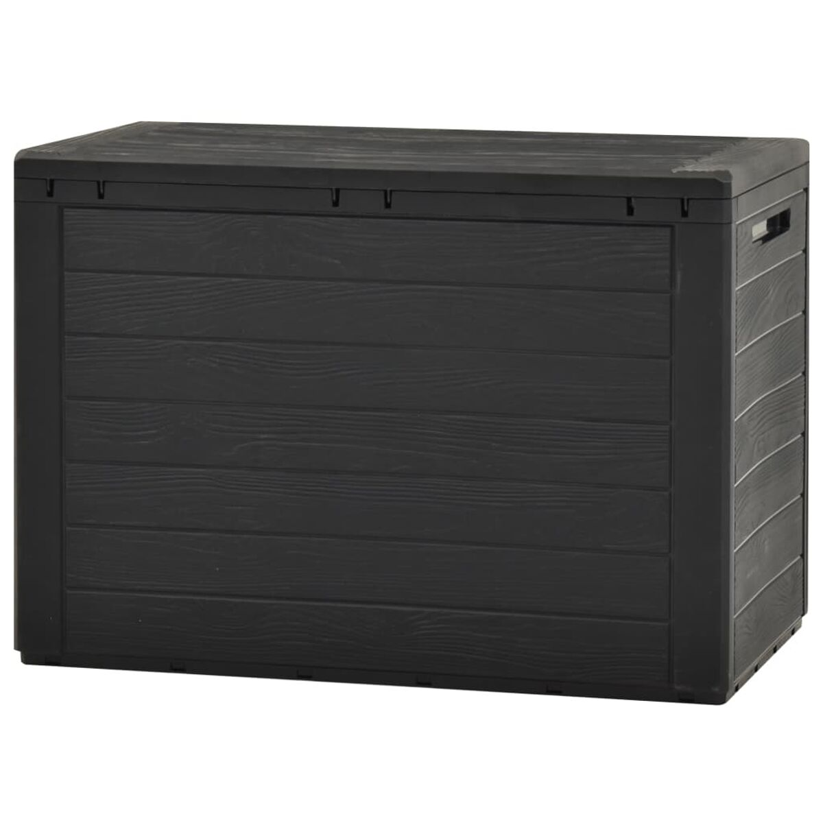 Schwarze Aufbewahrungsbox. Rechteckig mit horizontalen Linien. Deckel und Griff.