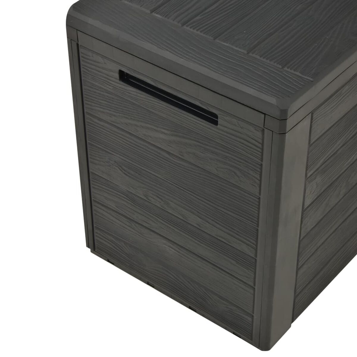 Dunkelgraue Aufbewahrungsbox mit Holzstruktur.