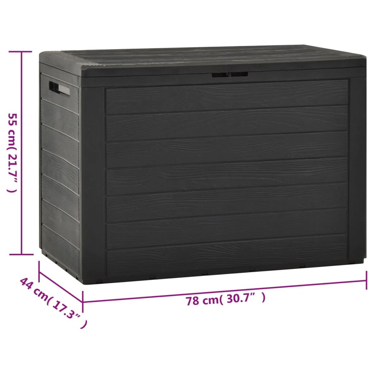 Schwarze Aufbewahrungsbox mit cm-Maßen. Sie hat einen Deckel und Holzmaserung.