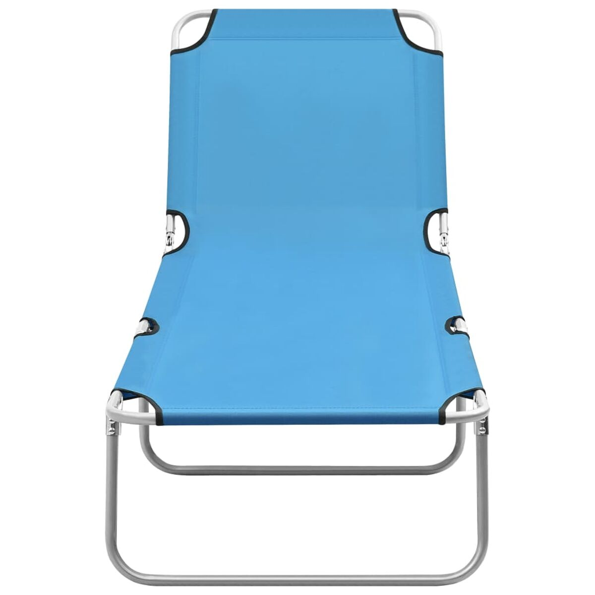Blauer Strandstuhl mit silbernem Rahmen, von vorne gesehen, weißer Hintergrund.