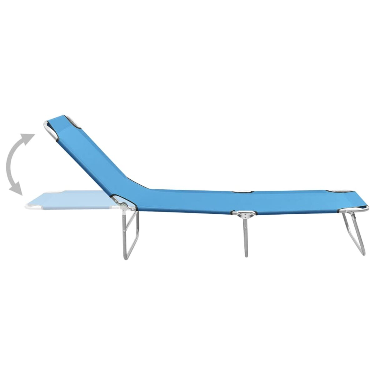 Ein blauer Strandstuhl mit verstellbarer Rückenlehne, Seitenansicht.