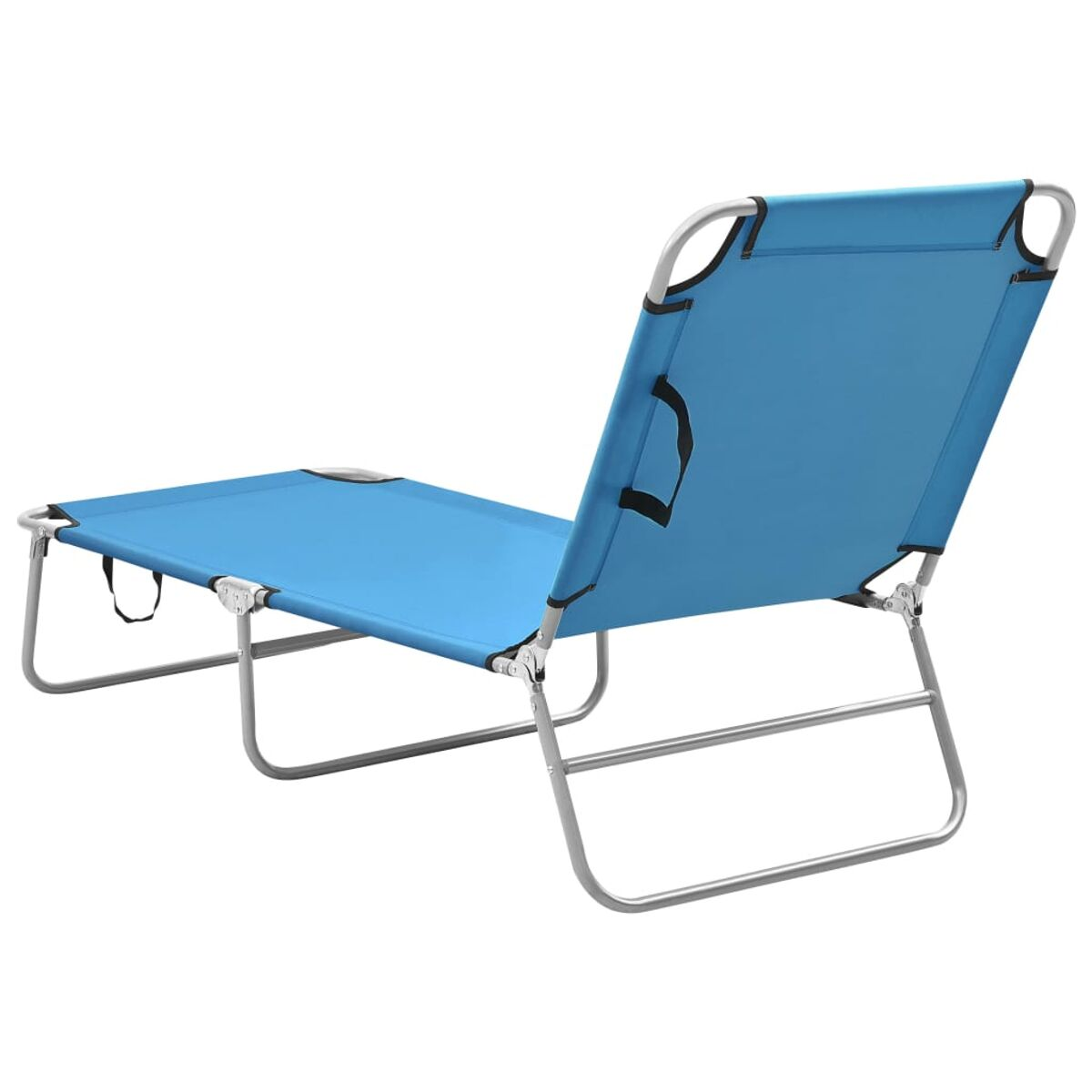 Blauer Strandstuhl, zurückgelehnte Position, silberner Rahmen.
