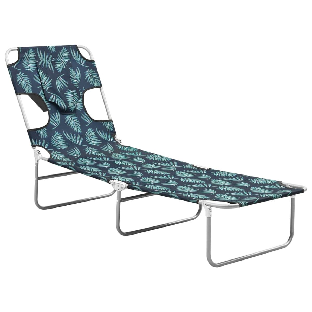 Strandstuhl mit blauem Stoff mit floralem Design. Der Stuhl hat einen silbernen Rahmen.