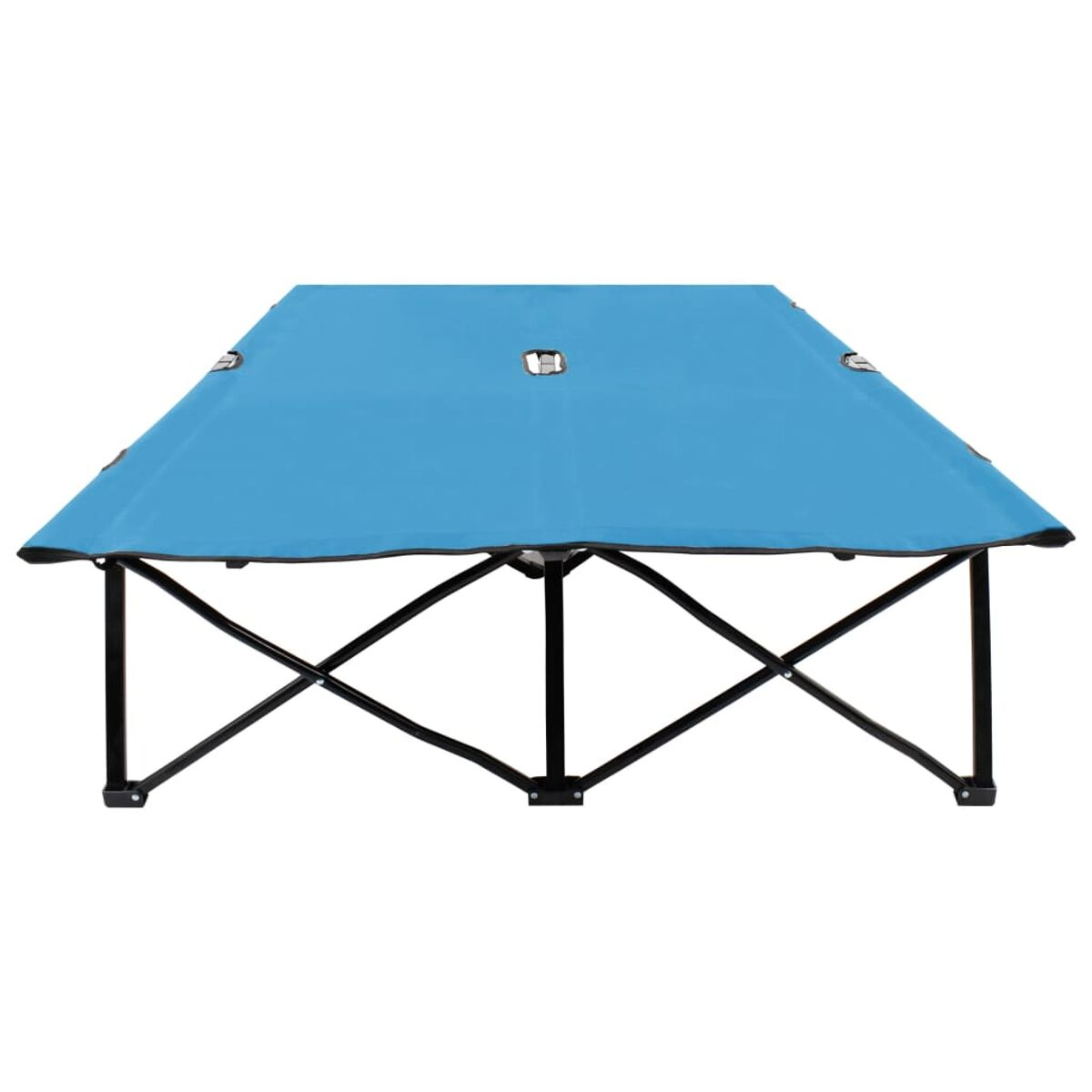 Quadratisches blaues Vordach mit schwarzem Rahmen. Weißer Hintergrund.