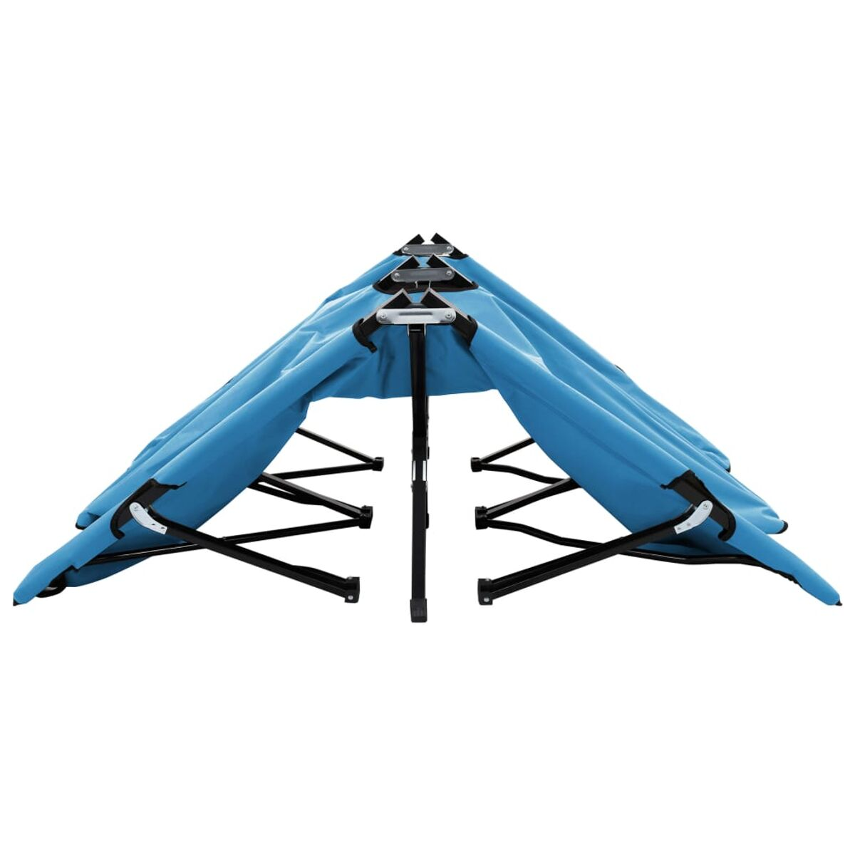 Faltbares blaues Strandzelt mit schwarzen Stützen, aus niedriger Perspektive gesehen.