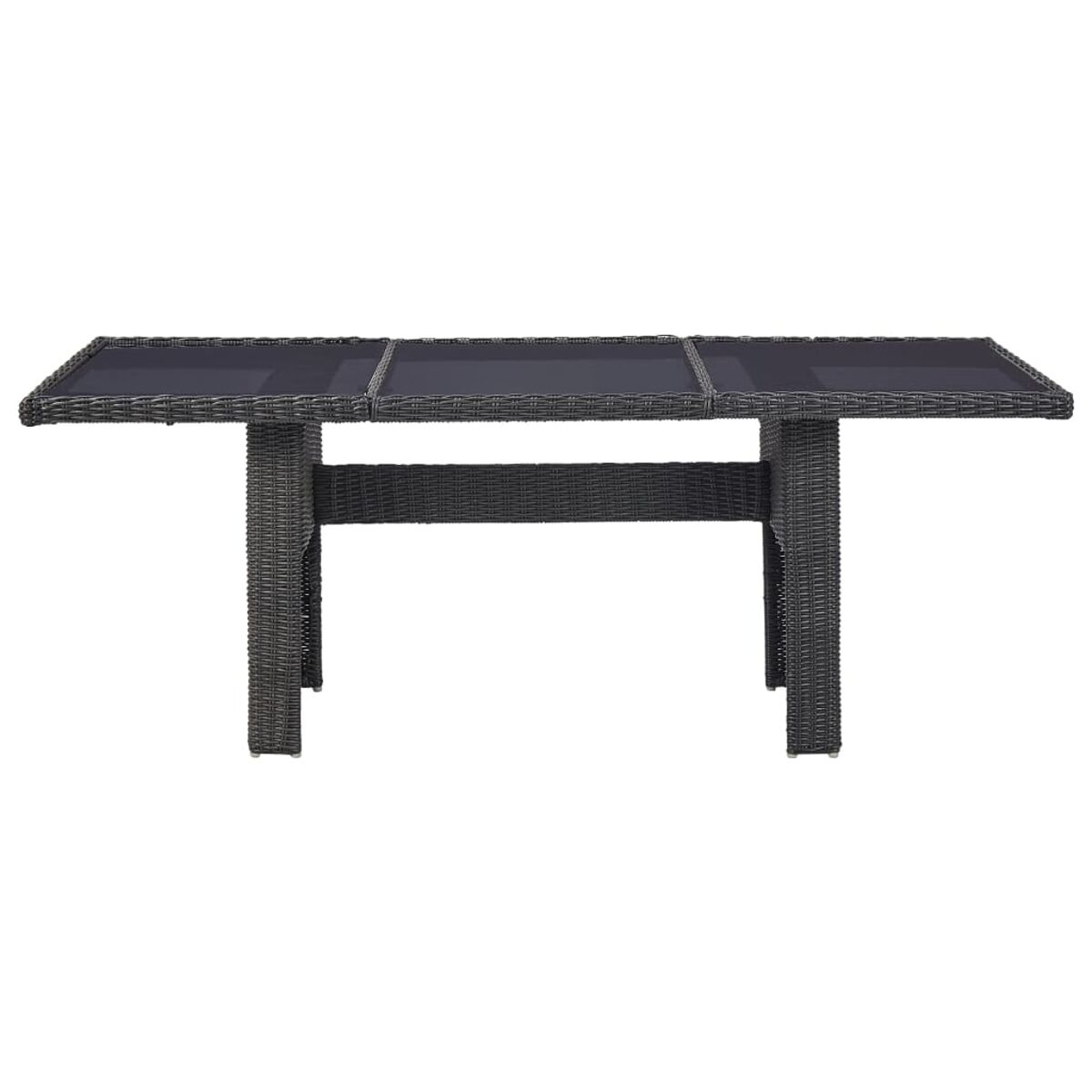 Ein langer, grauer, gewebter Gartentisch mit Glasplatte. Der Tisch ist rechteckig.