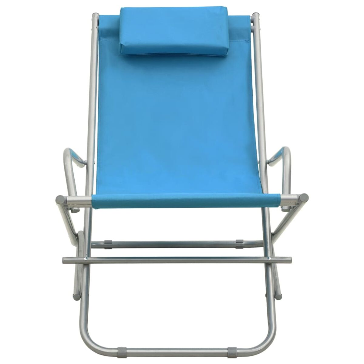 Blauer Strandstuhl. Silberner Rahmen. Kopfstütze oben. Einfaches Design, ideal zum Sonnenbaden.