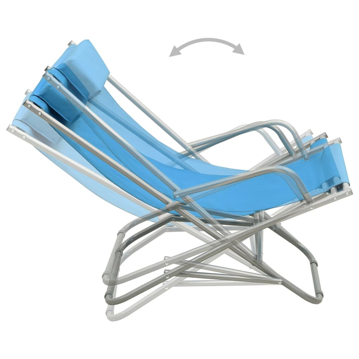 Blauer, zusammenklappbarer Sonnenliegestuhl in verschiedenen Positionen, mit Pfeilen, die die verstellbare Rückenlehne anzeigen.