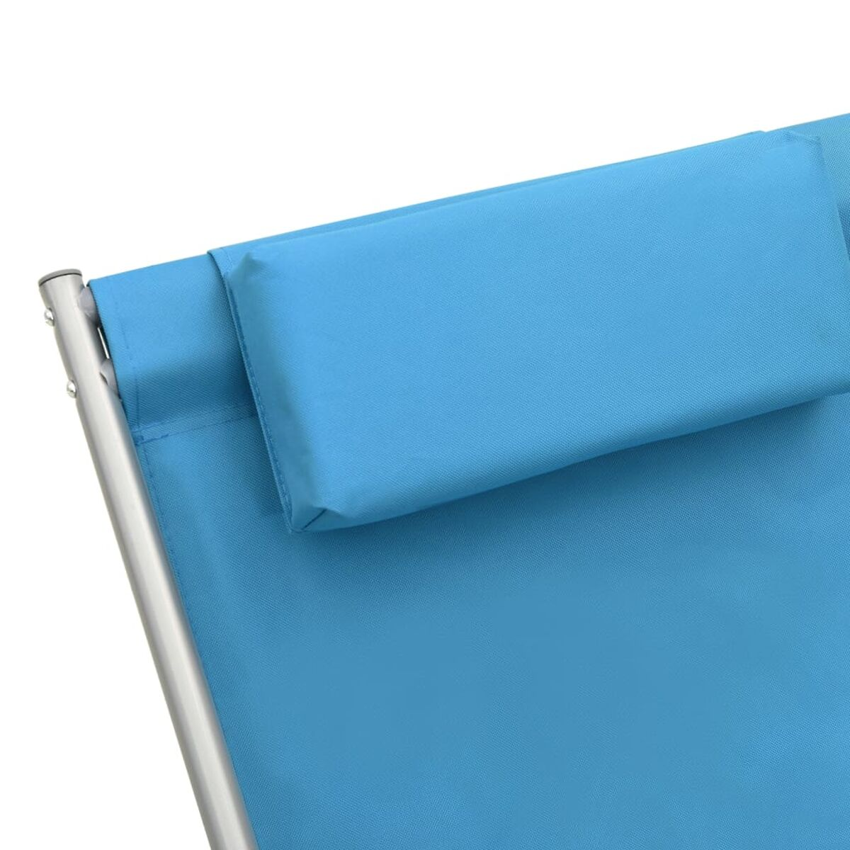 Blaues Sonnenliege-Kopfstütze mit Metallrahmen.