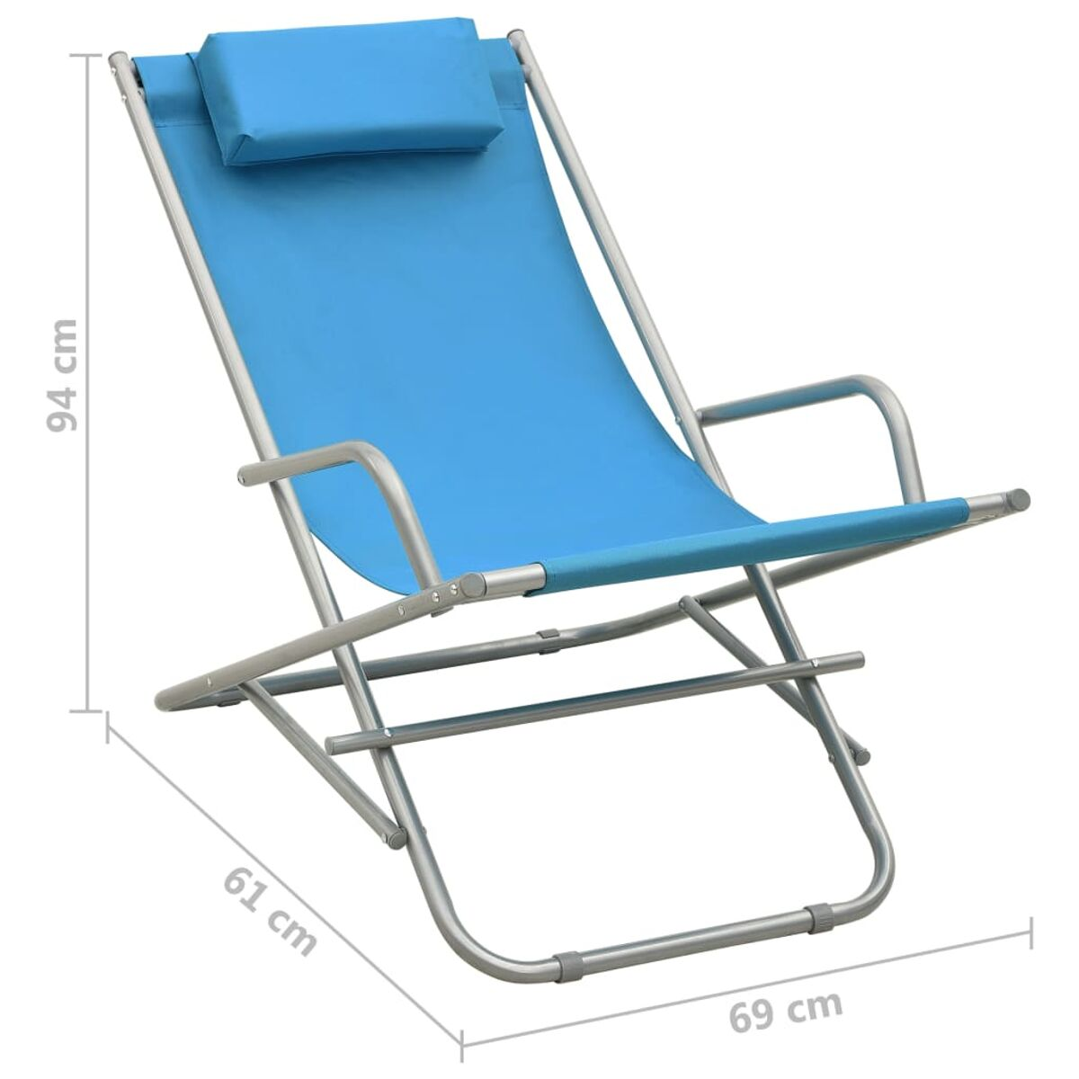 Blauer Strandstuhl mit silbernem Rahmen. Maße: 94 cm hoch, 61 cm breit und 69 cm tief.