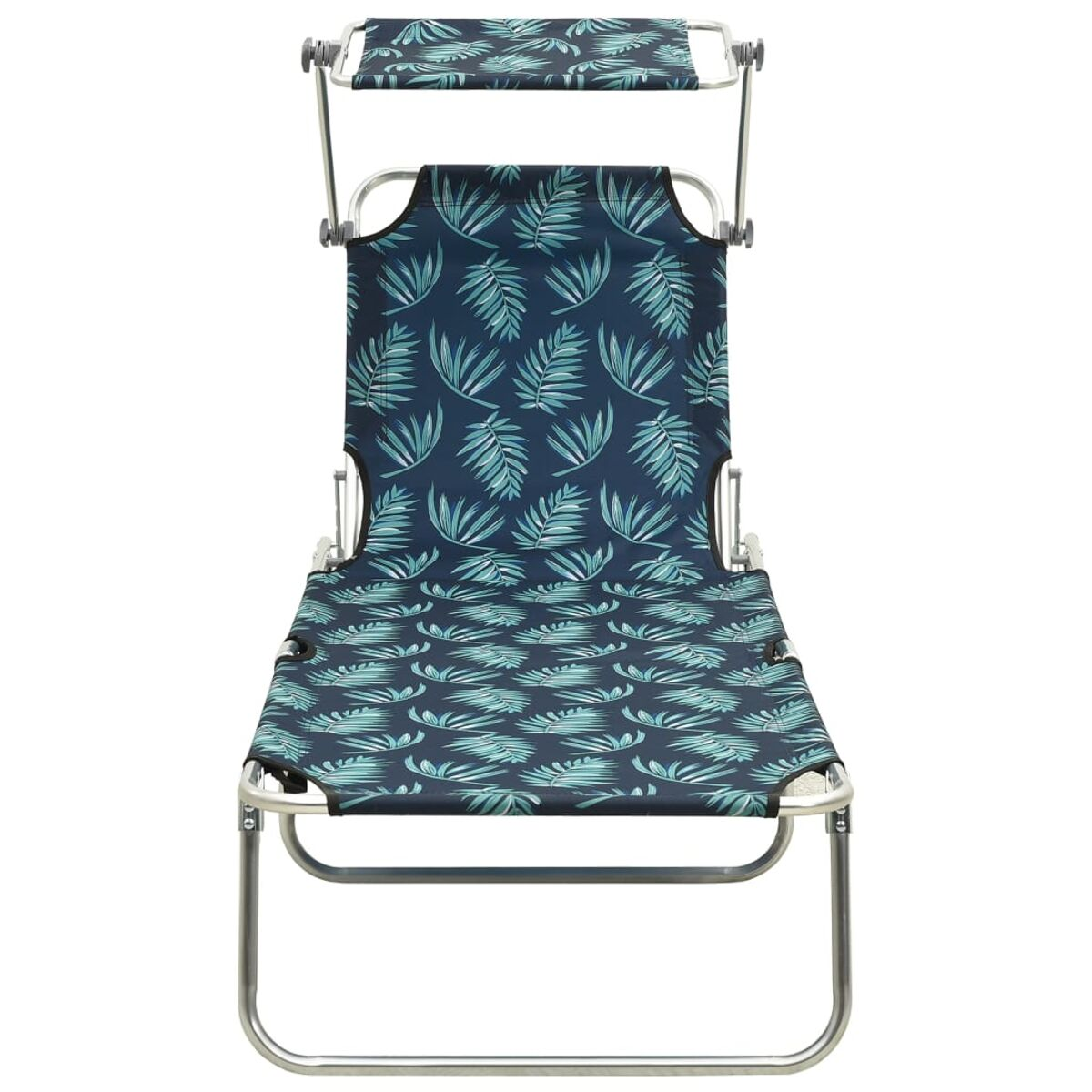 Strandstuhl mit blauem Blättermuster und Sonnenschutz. Metallrahmen, Stoffbezug.