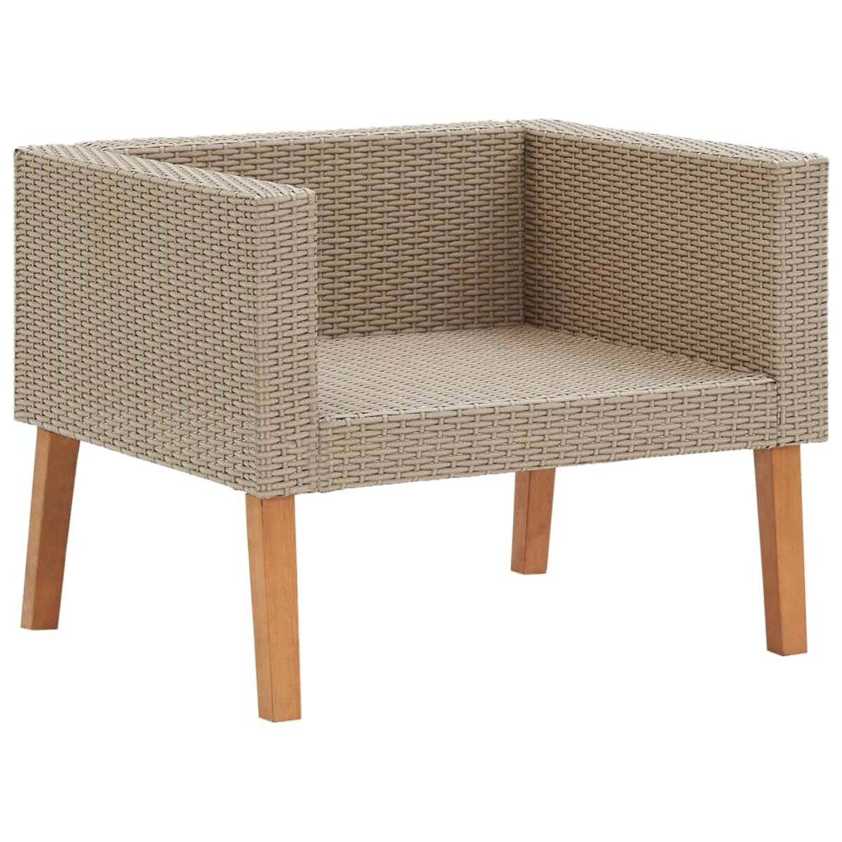Ein quadratischer Korbstuhl mit Holzbeinen und neutraler Farbe.