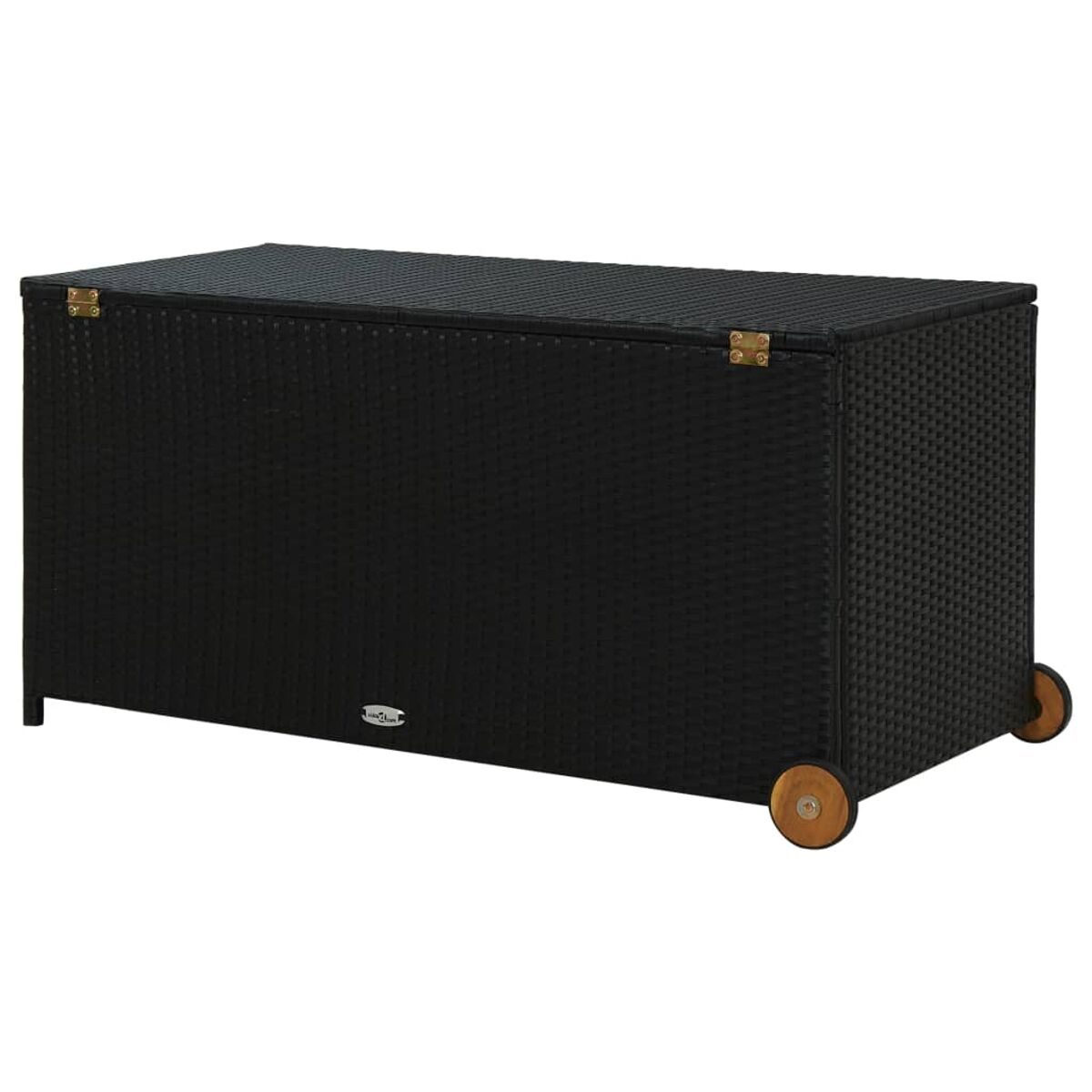 Eine schwarze Aufbewahrungsbox aus Korbgeflecht mit Rädern und messingfarbenen Verschlüssen.