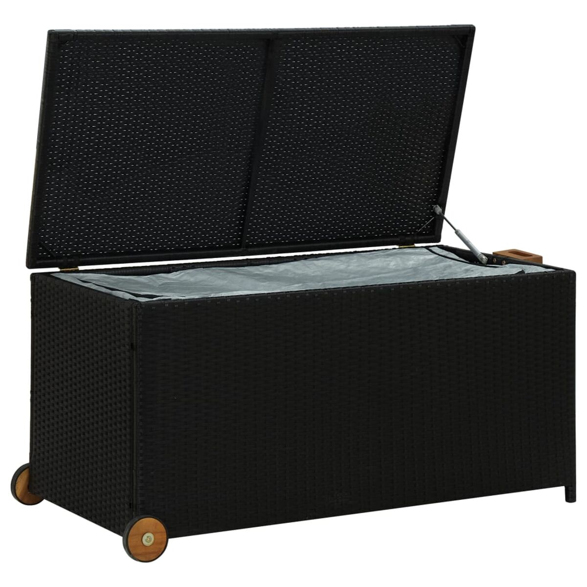 Eine schwarze Aufbewahrungsbox aus Korbgeflecht mit Rädern und offenem Deckel. Der Innenraum ist grau ausgekleidet.