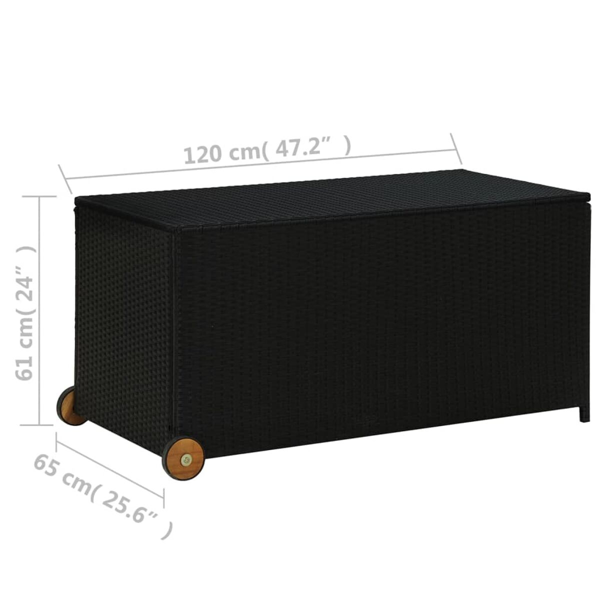 Schwarze Weidenholz-Aufbewahrungsbox auf Rädern, Maße beschriftet.