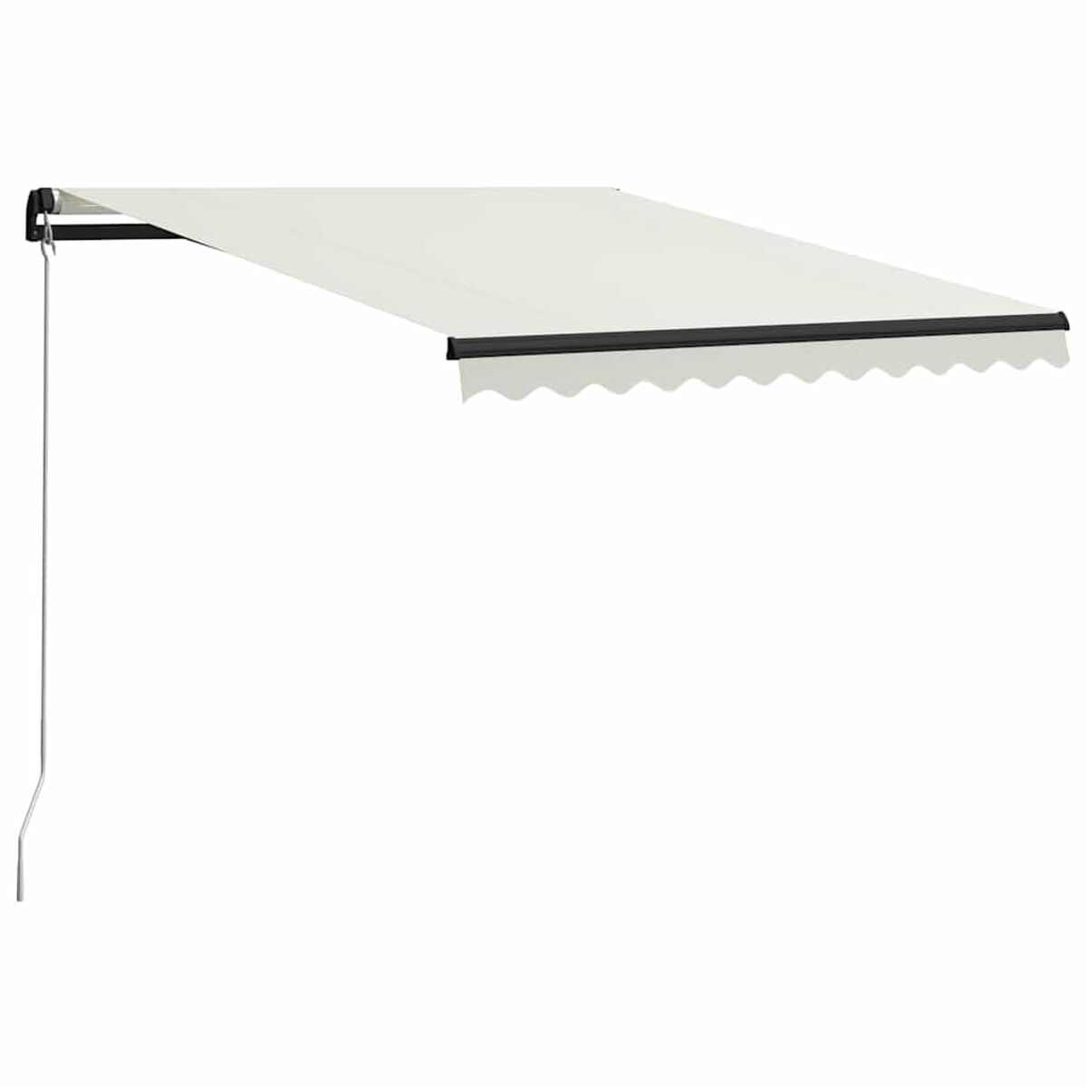 Cremefarbene Markise, ausgefahren, auf weißem Hintergrund. Einfaches Design, mit schwarzem Rahmen.