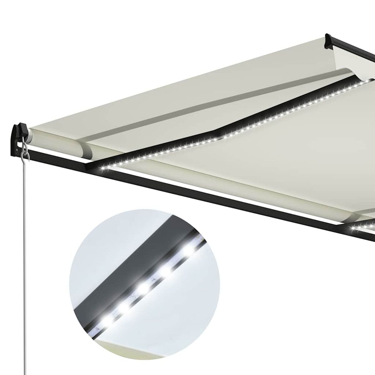 Weißes Markise mit LEDs, Nahaufnahme der Lichter im Rahmen.
