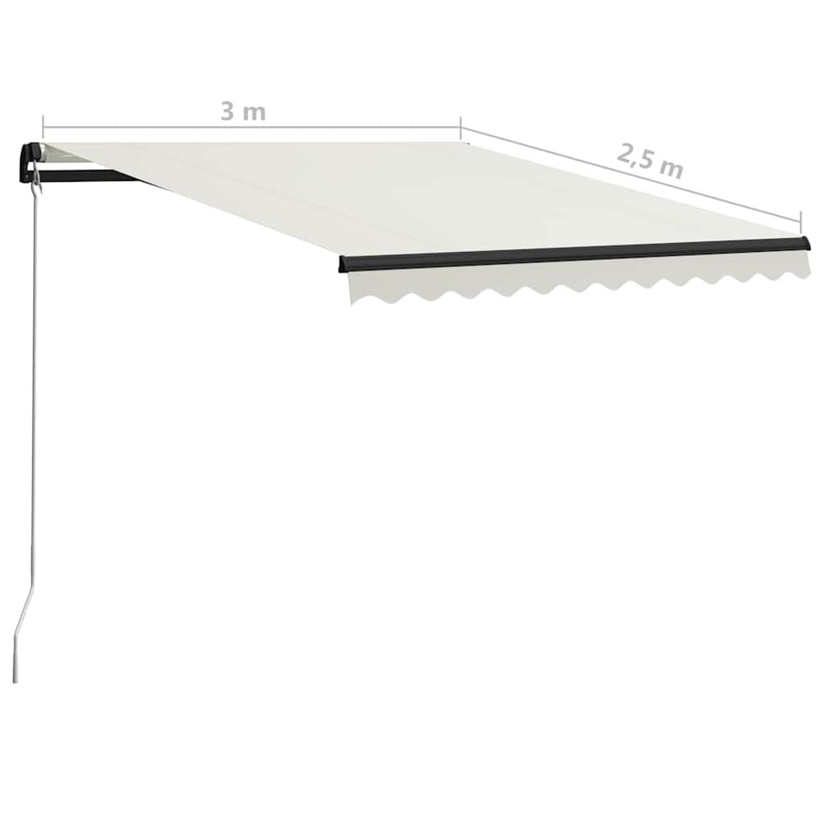 Eine weiße Markise mit schwarzen Akzenten, Abmessungen: 3m x 2,5m. Weißer Hintergrund.