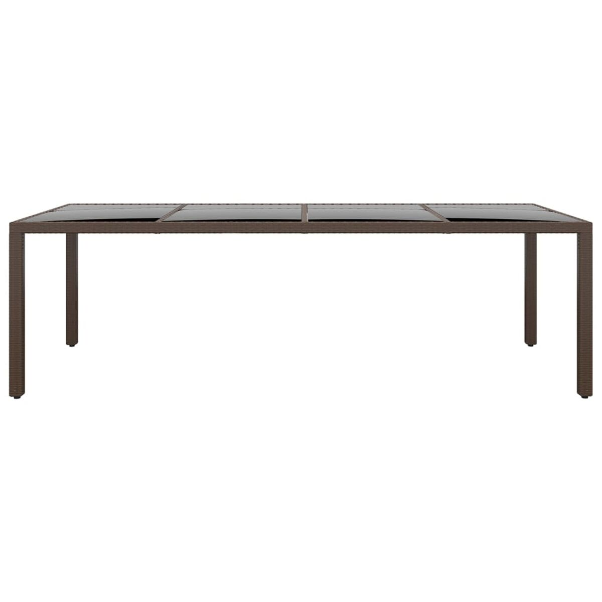 Brauner rechteckiger Gartentisch mit Glasplatte und braunen Beinen.