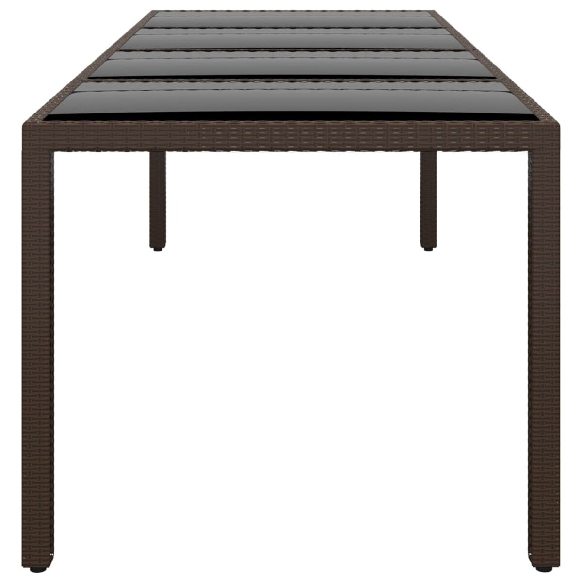 Ein brauner Outdoor-Tisch aus Korbgeflecht mit Glasplatte wird auf weißem Hintergrund gezeigt.