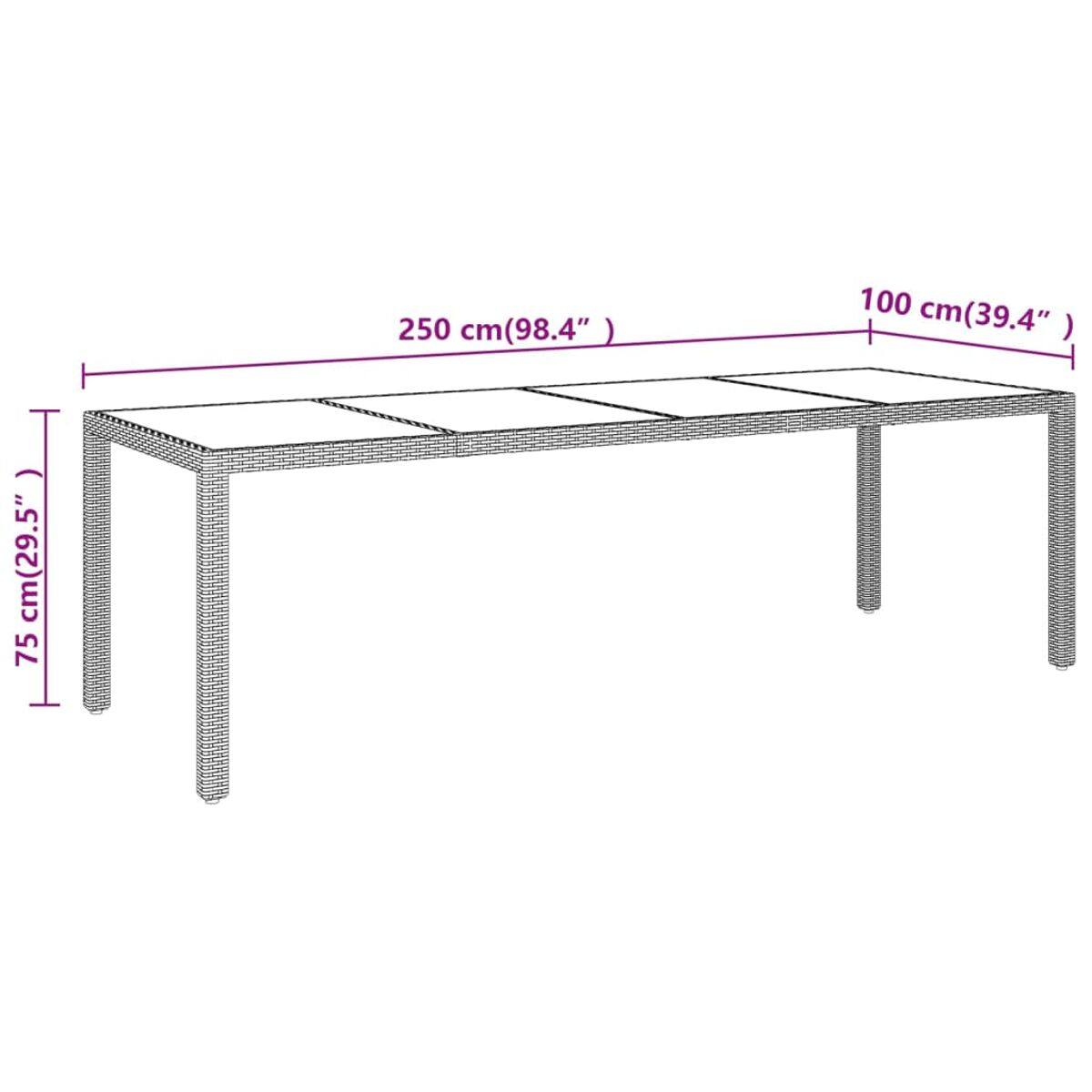 Ein weißer Tisch mit den Maßen: 250 cm (98,4") lang, 100 cm (39,4") breit und 75 cm (29,5") hoch.