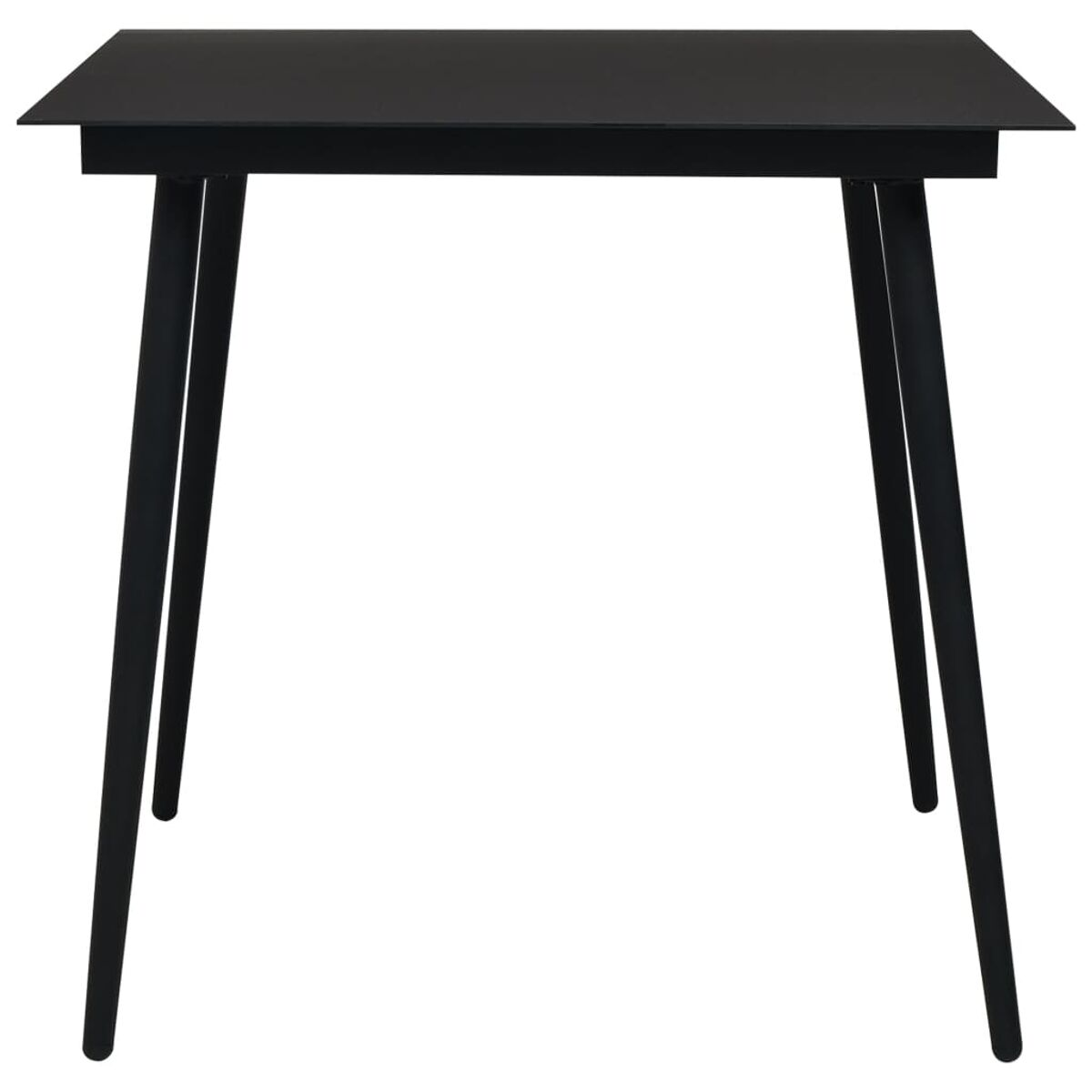 Schwarzer quadratischer Tisch mit schwarzen Beinen. Weißer Hintergrund.