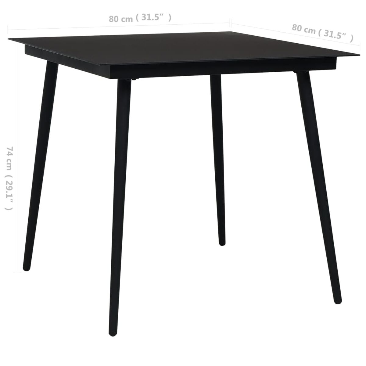 Schwarzer quadratischer Tisch mit schwarzen Beinen, weißer Hintergrund. Abmessungen sichtbar.