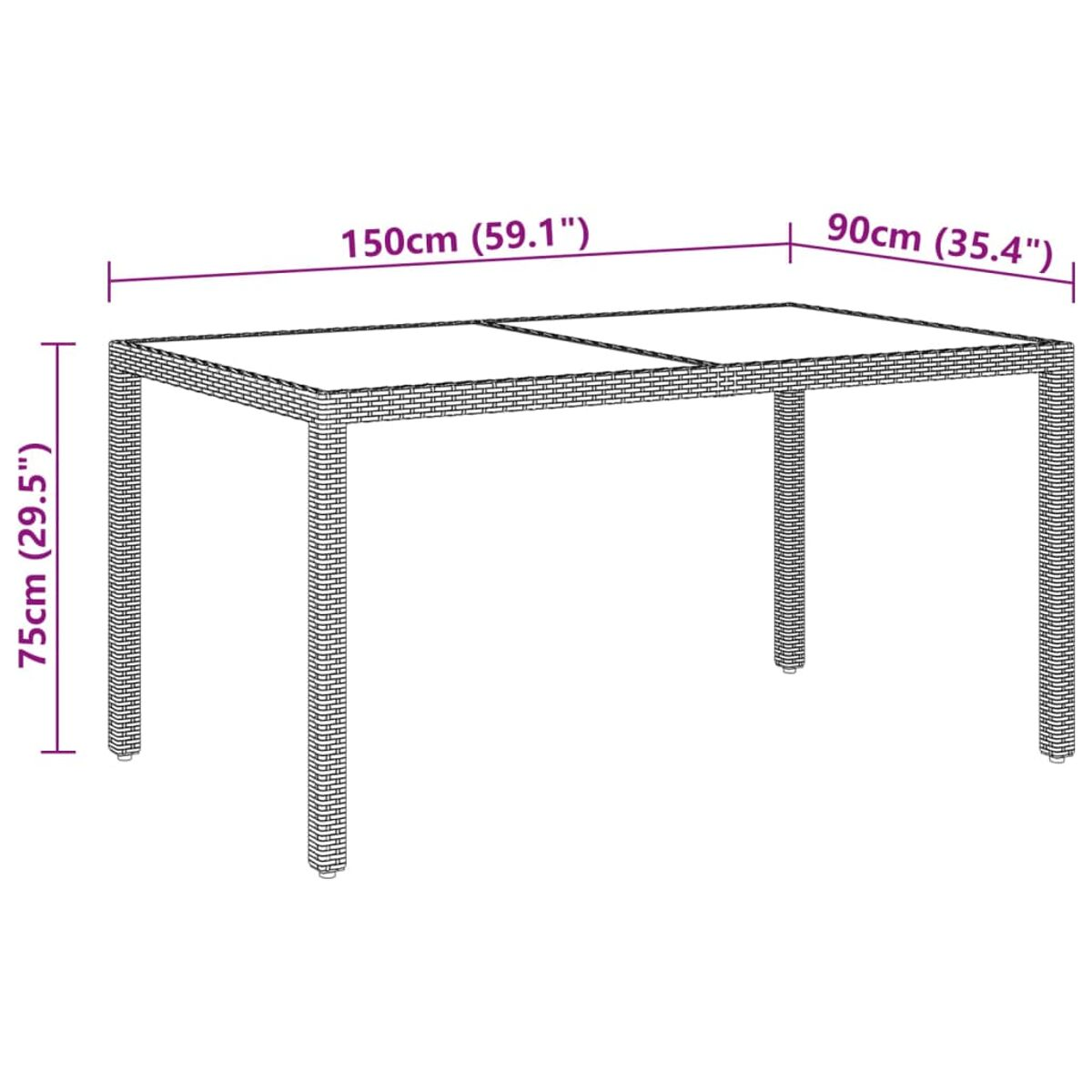 Rattan-Esstisch für draußen, Maße: 150x90x75cm. Weißer Hintergrund.