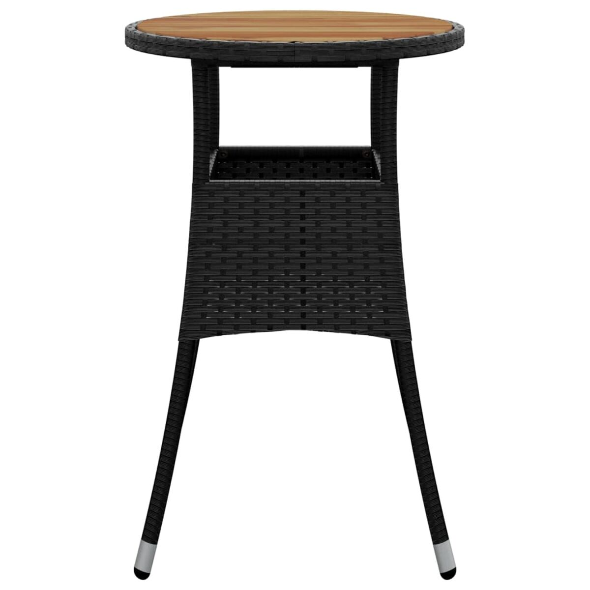 Runder Outdoor-Tisch mit Holzplatte und schwarzem Webmuster.